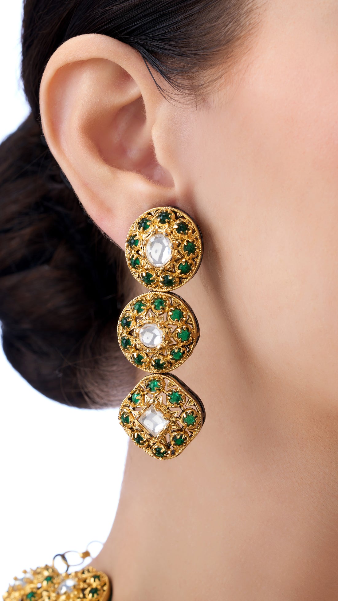 TANUSHRI DOUBLE LAYER GOLD FOIL FILIGREE NECKLACE SET WITH SEMI PRECIOUS STONES IN GREEN