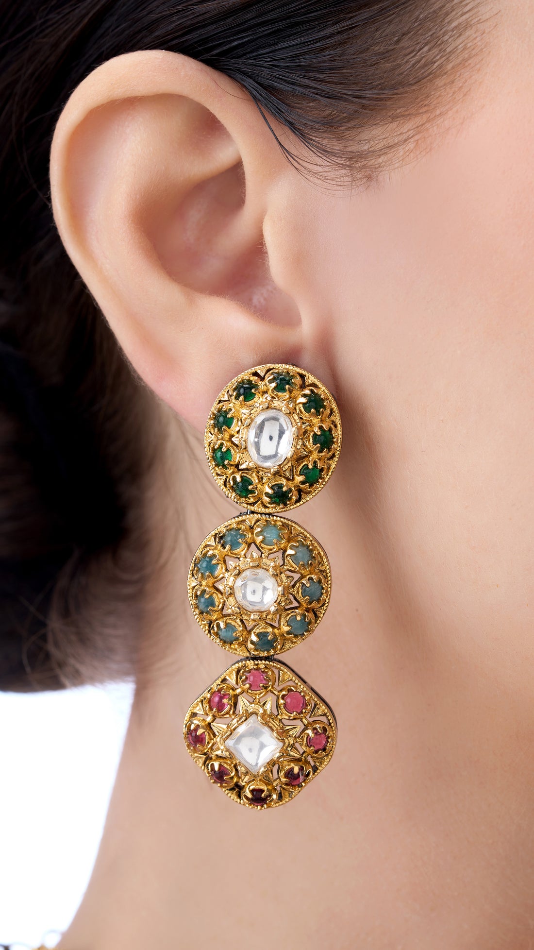 ISHWARI  DOUBLE LAYER GOLD FOIL FILIGREE NECKLACE SET WITH SEMI PRECIOUS STONES IN MUTI COLOUR