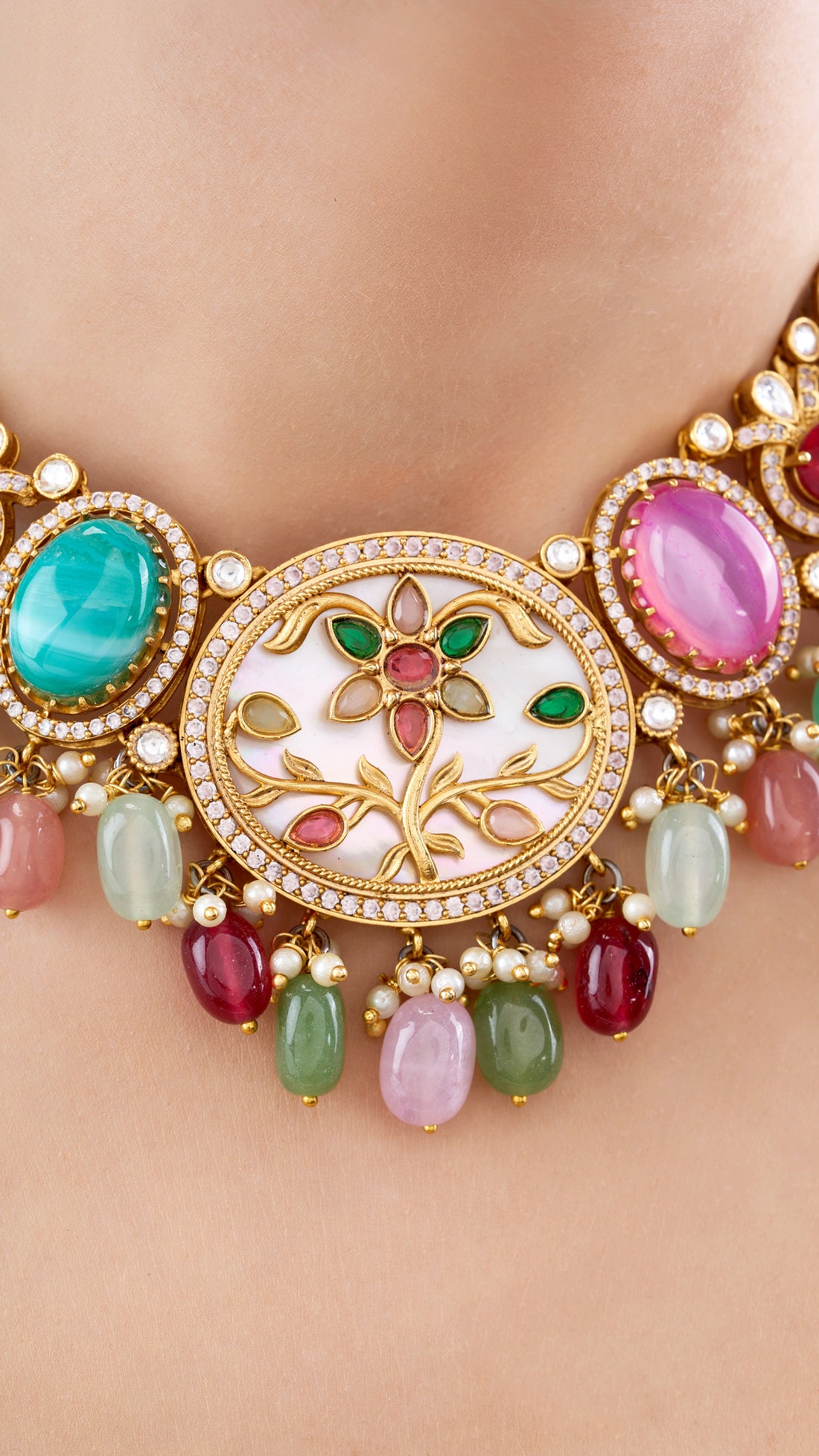 VISHALA  HALDINI MOTHER OF PEARL CHOKER WITH SEMI PRECIOUS STONES IN MULTI COLOUR