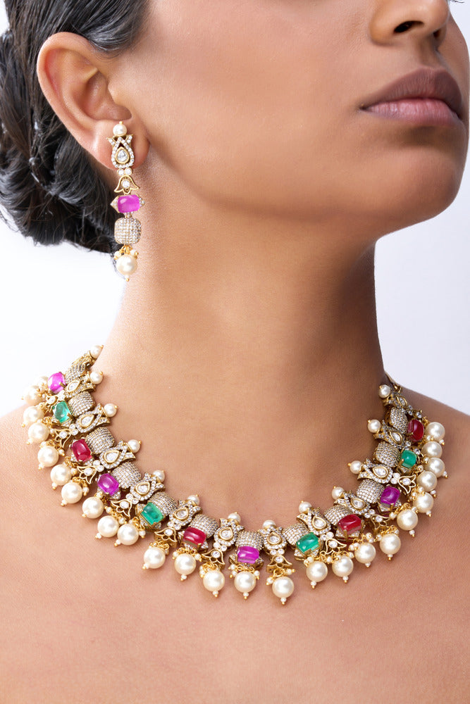 SWARA POLKI WITH PURE MULTI COLOUR  STONES NECKLACE SET
