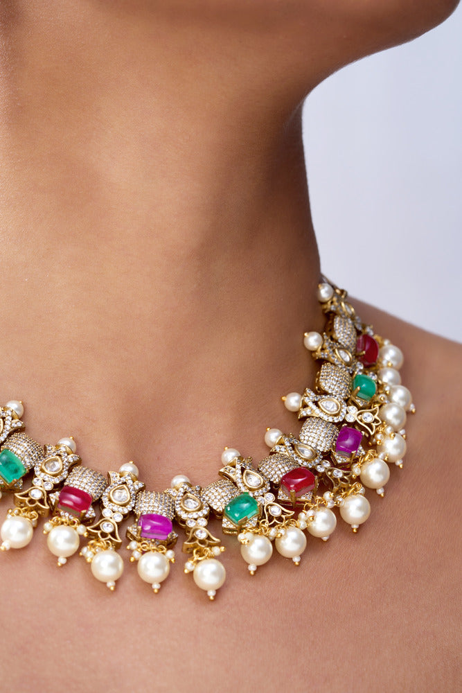 SWARA POLKI WITH PURE MULTI COLOUR  STONES NECKLACE SET