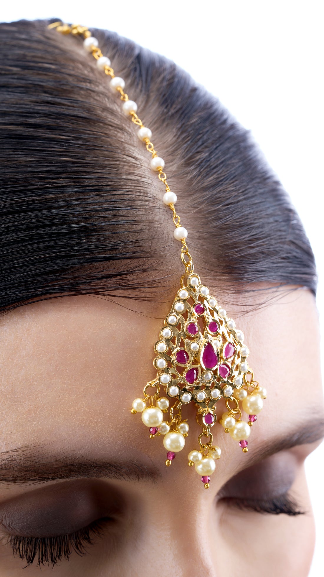 MADHAVI LONG JADAU GOLD FOIL NECKLACE SET WITH PURE PEARLS IN RED