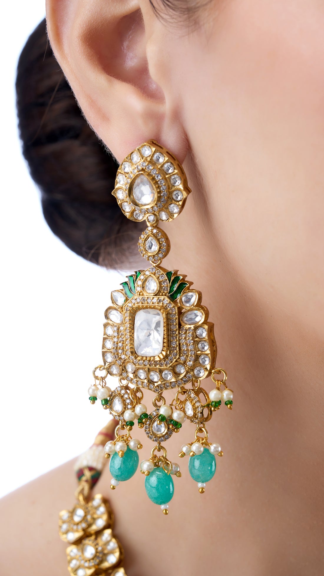 BEGUM LONG POLKI NECKLACE SET WITH SEMI PRECIOUS STONES IN AQUA