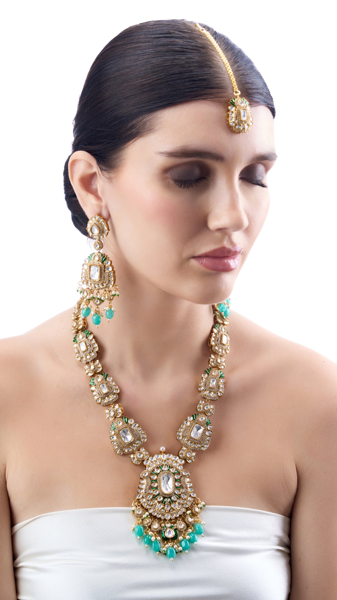 BEGUM LONG POLKI NECKLACE SET WITH SEMI PRECIOUS STONES IN AQUA