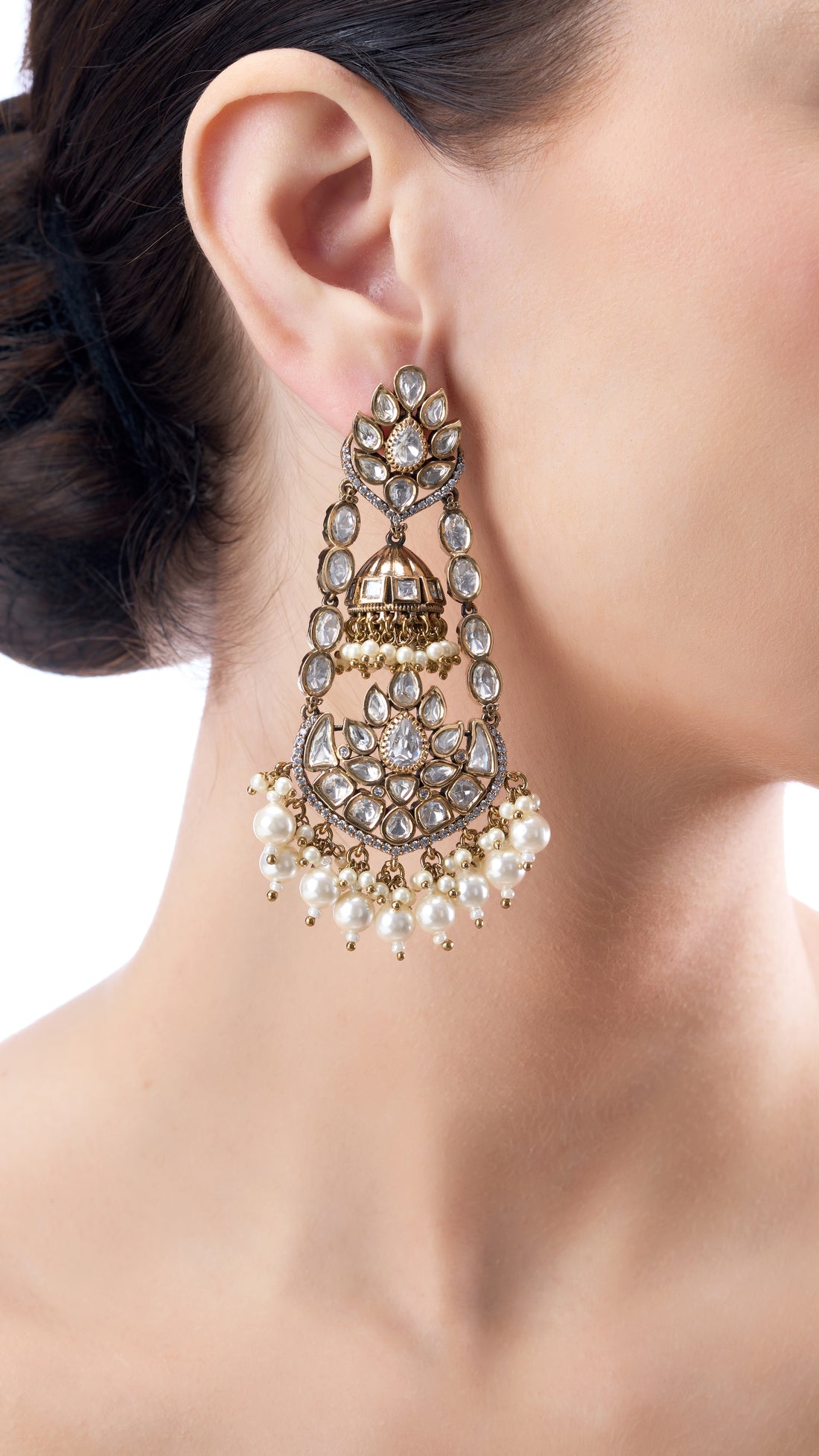 KALI JUMHAR CHANDBALI WITH PURE PEARLS AND SEMI PRECIOUS KUNDAN