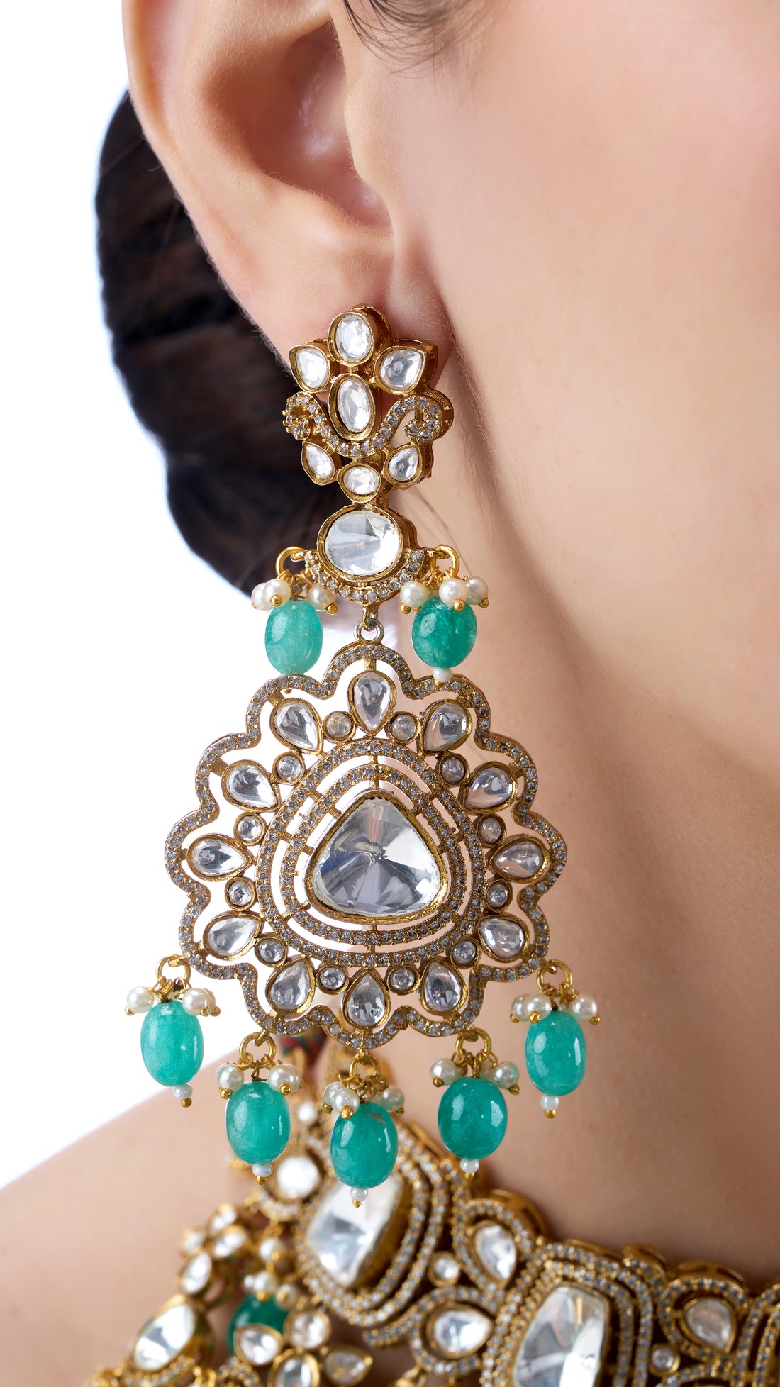 VISHAKHA POLKI DOUBLE LAYER NECKLACE WITH SEMI PRECIOUS STONES IN AQUA