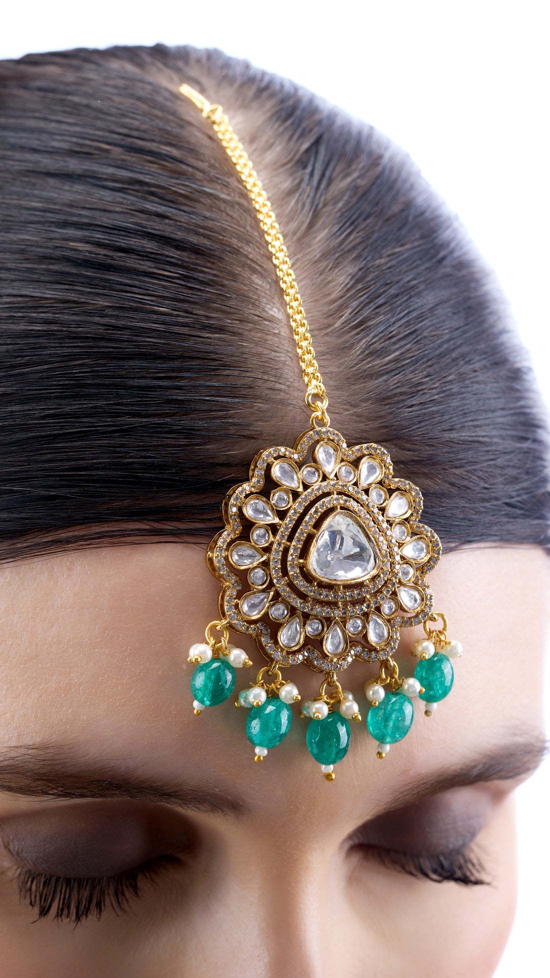 VISHAKHA POLKI DOUBLE LAYER NECKLACE WITH SEMI PRECIOUS STONES IN AQUA