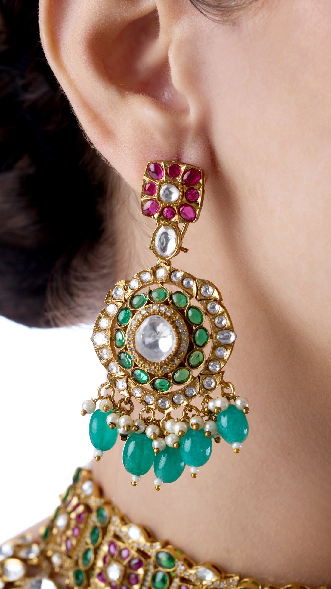 RAJESHWARI POLKI NECKLACE SET WITH SEMI PRECIOUS STONES IN AQUA