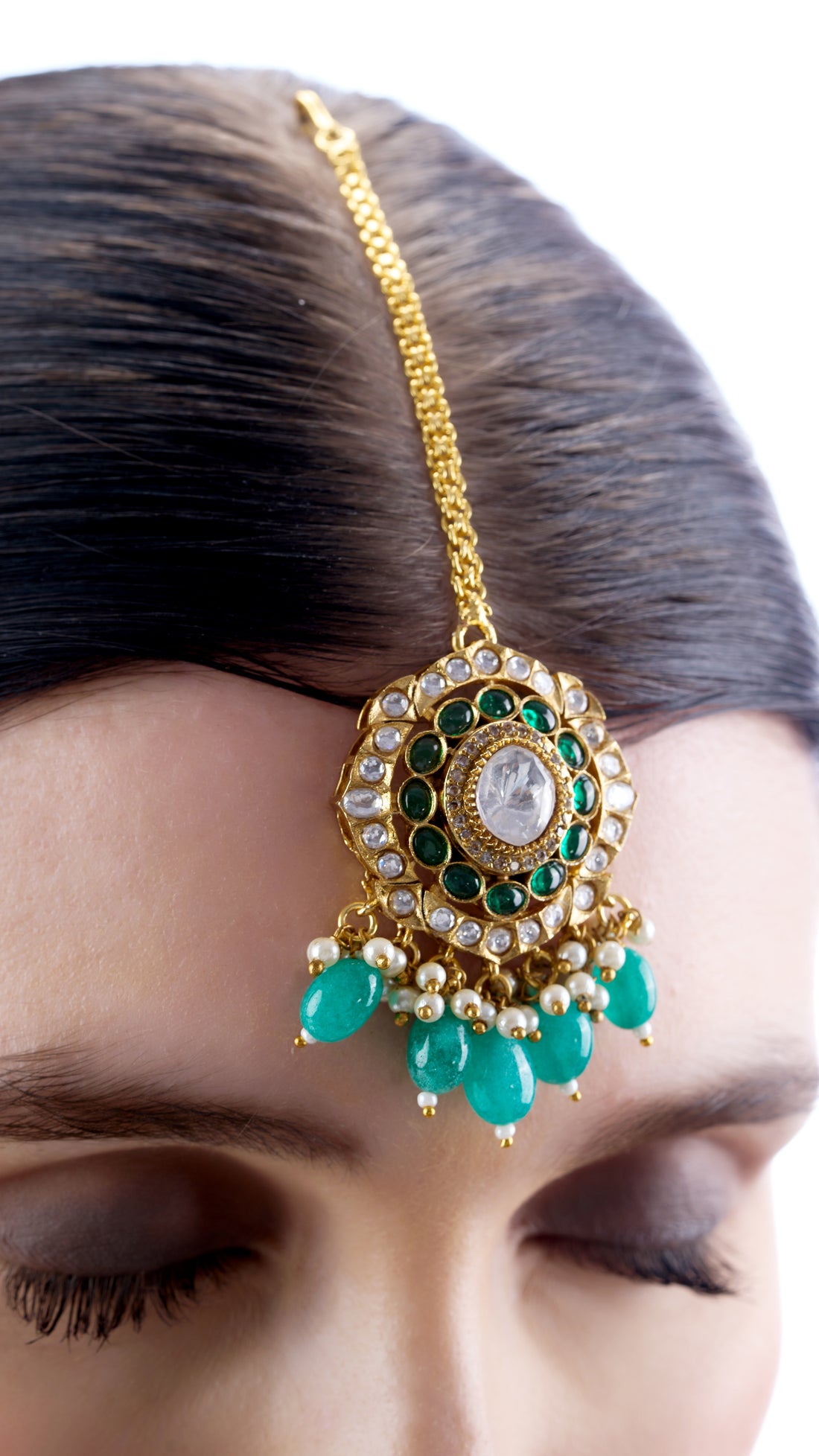 RAJESHWARI POLKI NECKLACE SET WITH SEMI PRECIOUS STONES IN AQUA