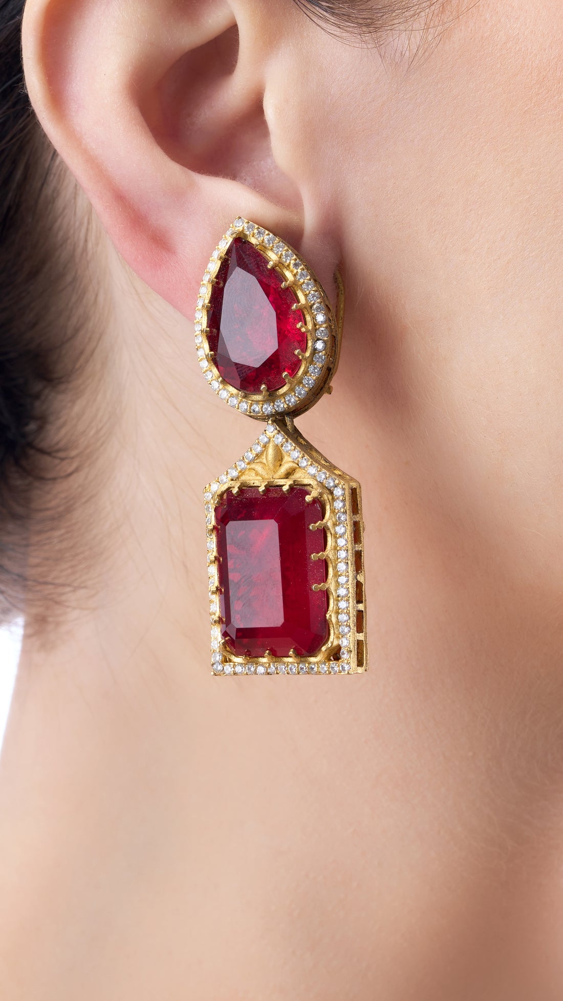 MANASI DOUBLE STONE EARRINGS IN RED SEMI PRECIOUS STONE