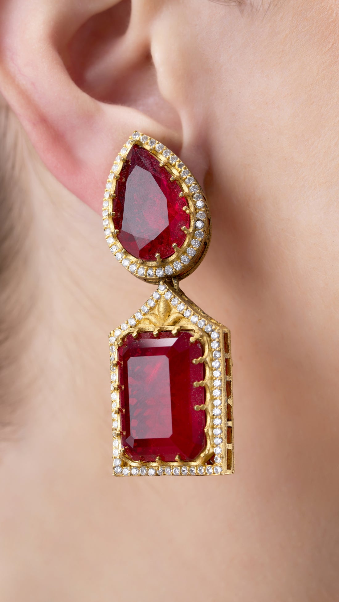 MANASI DOUBLE STONE EARRINGS IN RED SEMI PRECIOUS STONE