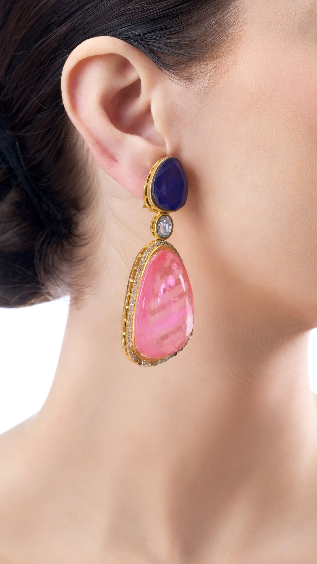 SHANTI STATEMENT DOUBLE STONE EARRINGS IN QUARTZ AND BLUE SEMI PRECIOUS STONE