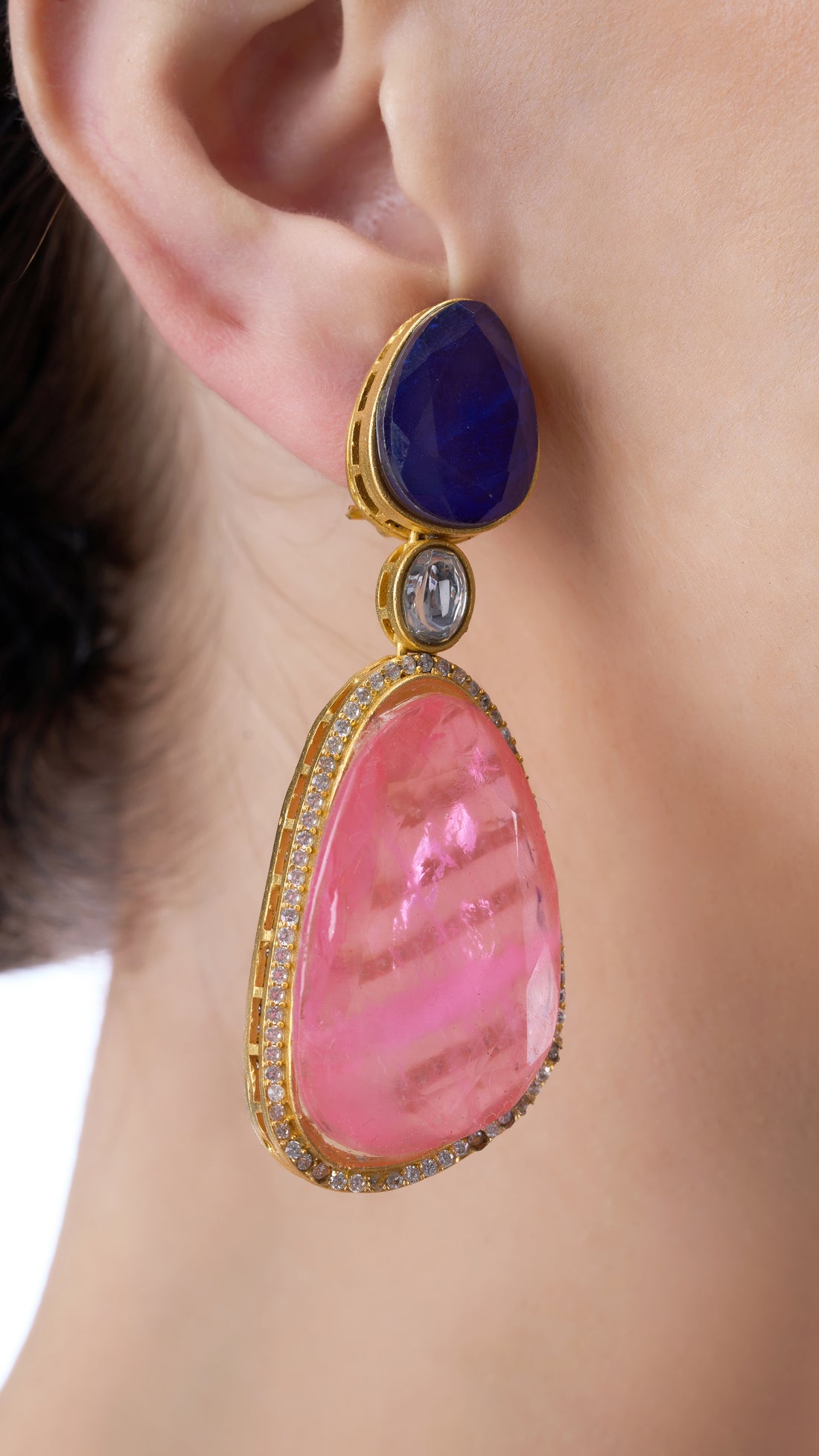 SHANTI STATEMENT DOUBLE STONE EARRINGS IN QUARTZ AND BLUE SEMI PRECIOUS STONE