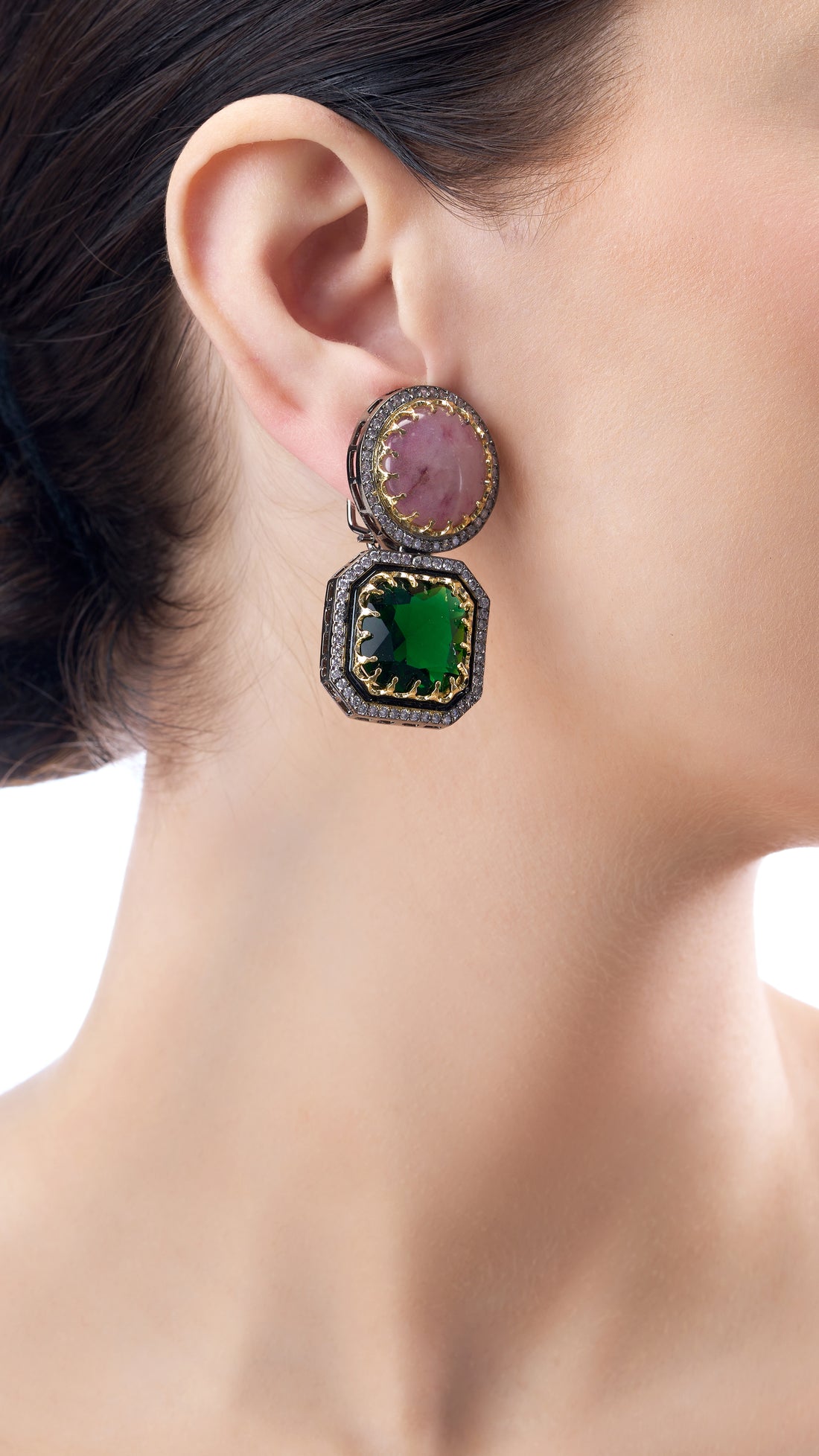 VISHALA DOUBLE STONE EARRINGS IN QUARTZ AND GREEN SEMI PRECIOUS STONE