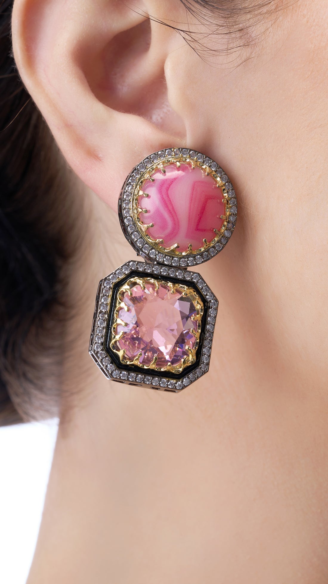 GAURI DOUBLE STONE EARRINGS IN PEACH SEMI PRECIOUS STONES