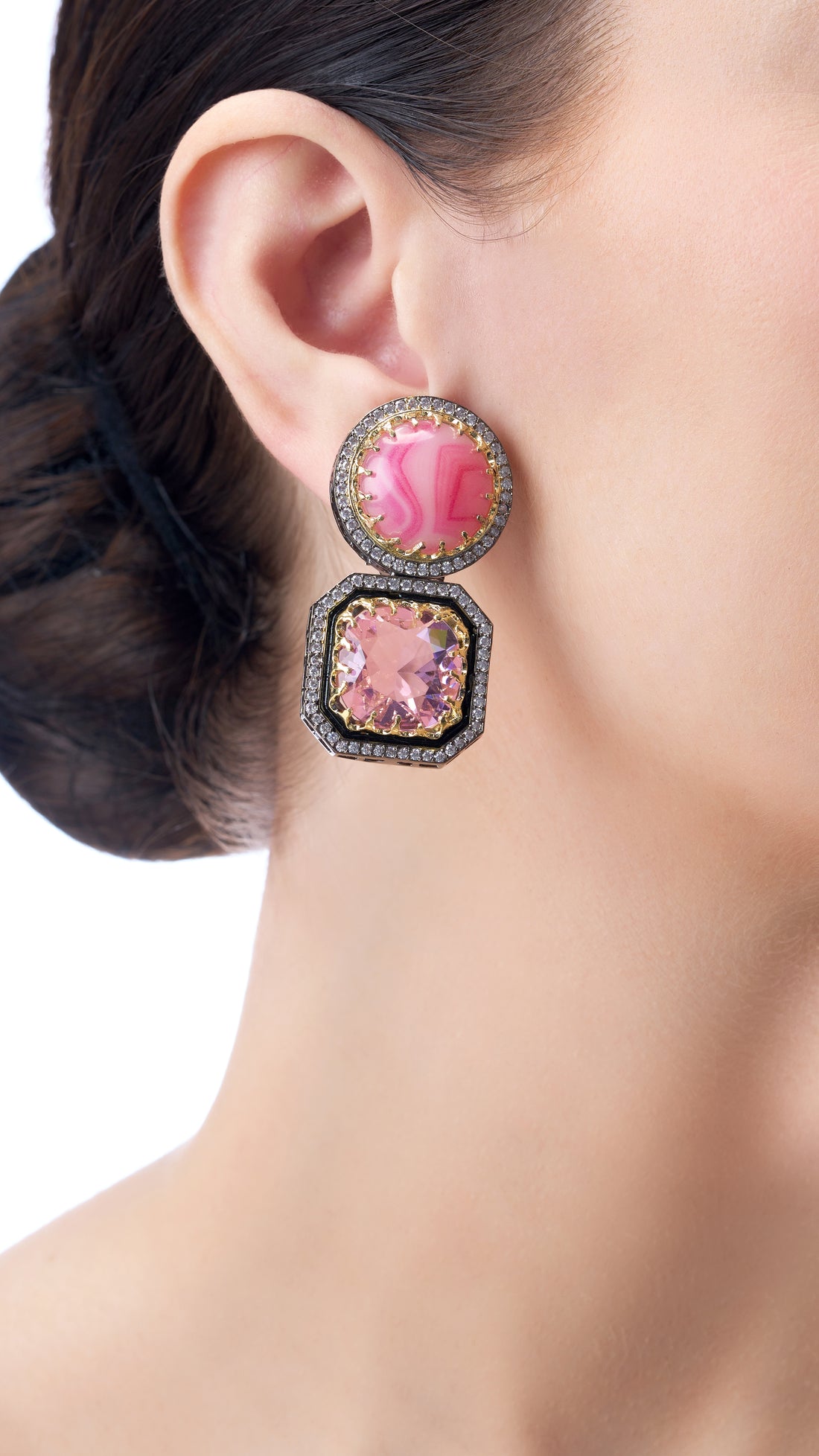 GAURI DOUBLE STONE EARRINGS IN PEACH SEMI PRECIOUS STONES