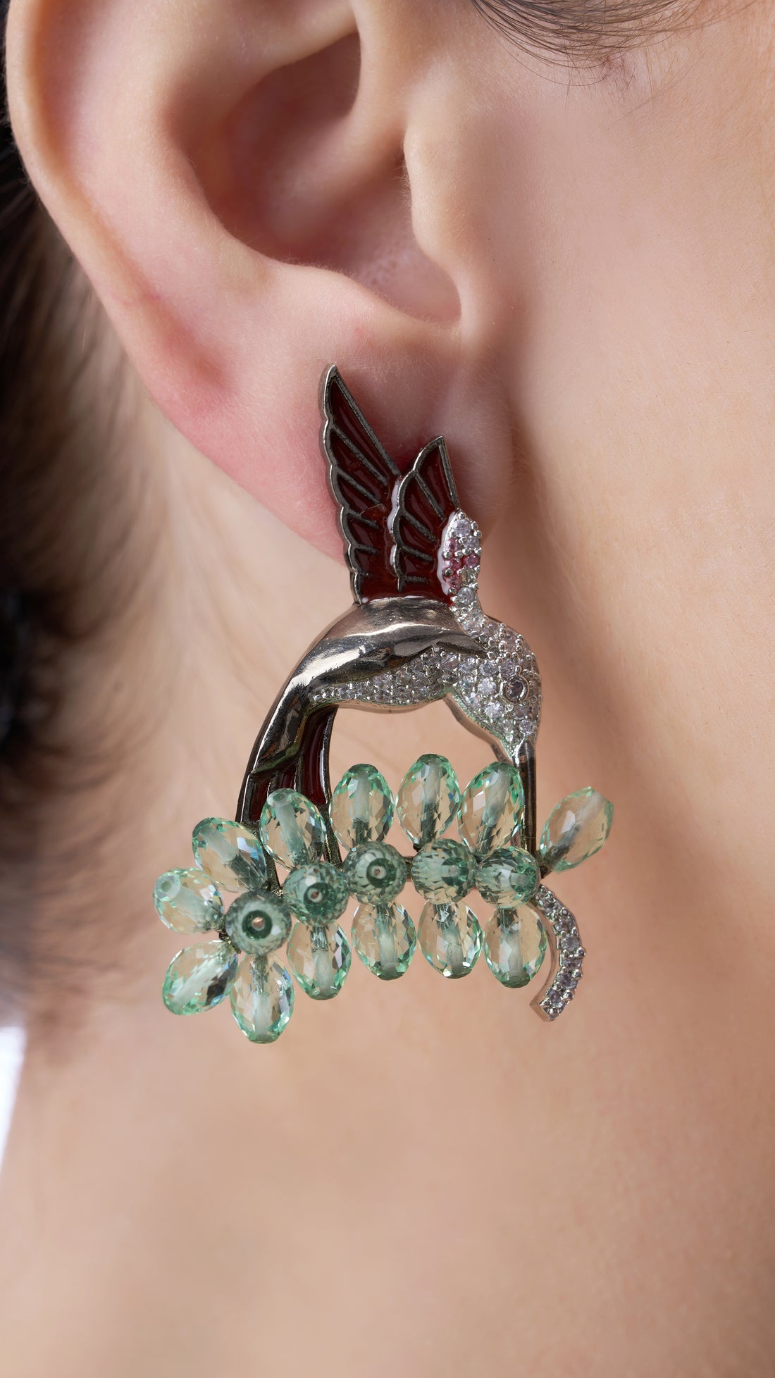 KAVYA BIRD VICTORIAN EARRINGS WITH SEMI PRECIOUS STONES IN LIME GREEN