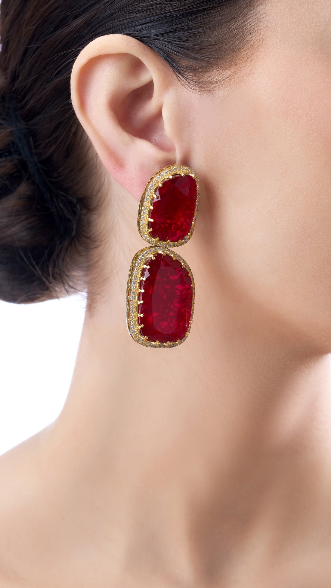 NANDINI DOUBLE STONE EARRINGS IN RED SEMI PRECIOUS STONE