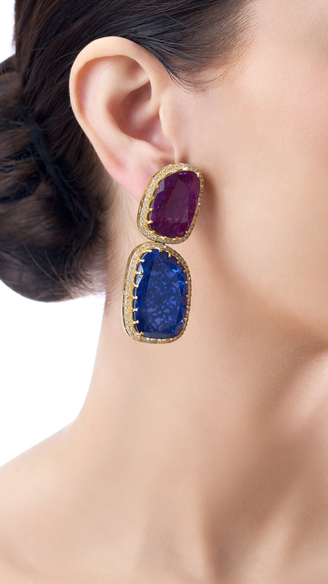 TANVI STATEMENT DOUBLE STONE EARRINGS IN PURPLE & BLUE SEMI PRECIOUS STONE
