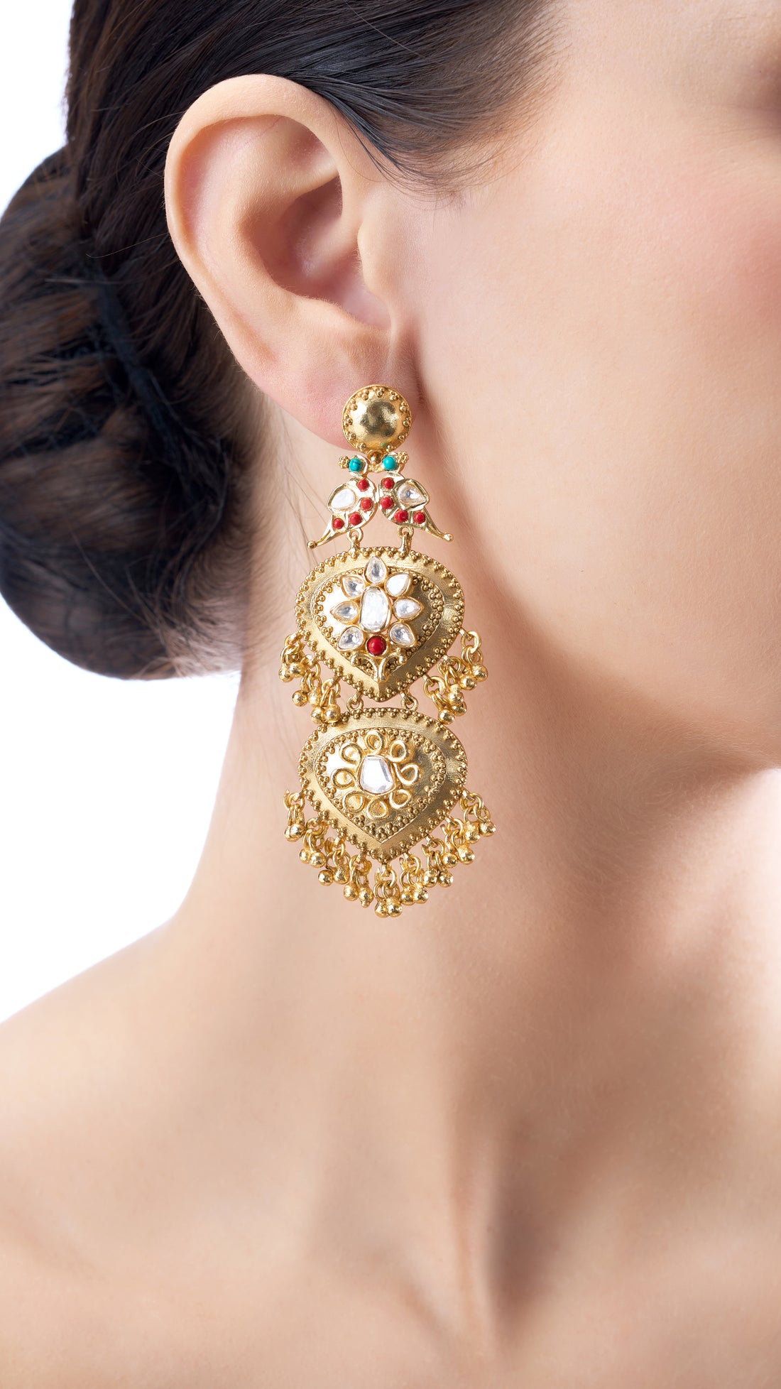 SANTOSHI DOUBLE LEAF PEACOCK EARRINGS IN RED & FIROZA SEMI PRECIOUS STONE & KUNDAN