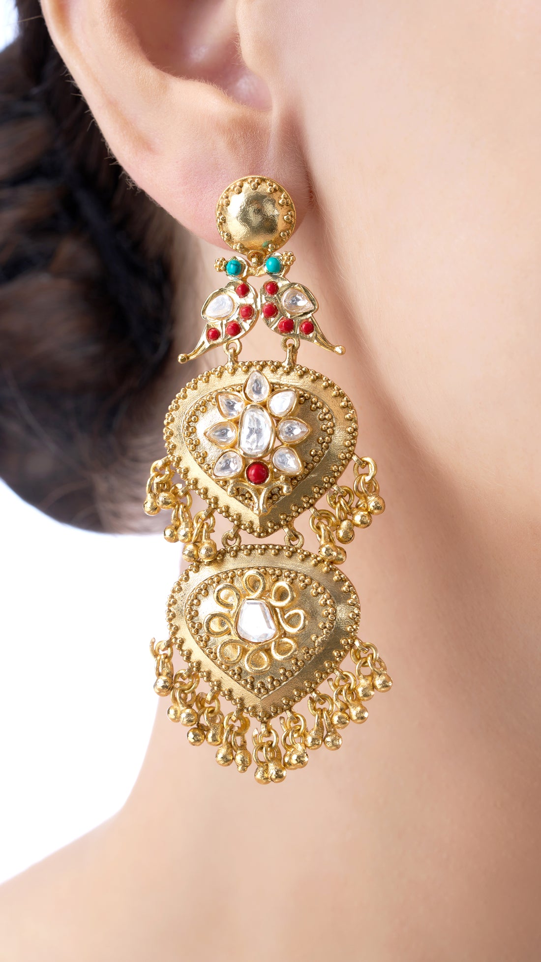 SANTOSHI DOUBLE LEAF PEACOCK EARRINGS IN RED & FIROZA SEMI PRECIOUS STONE & KUNDAN