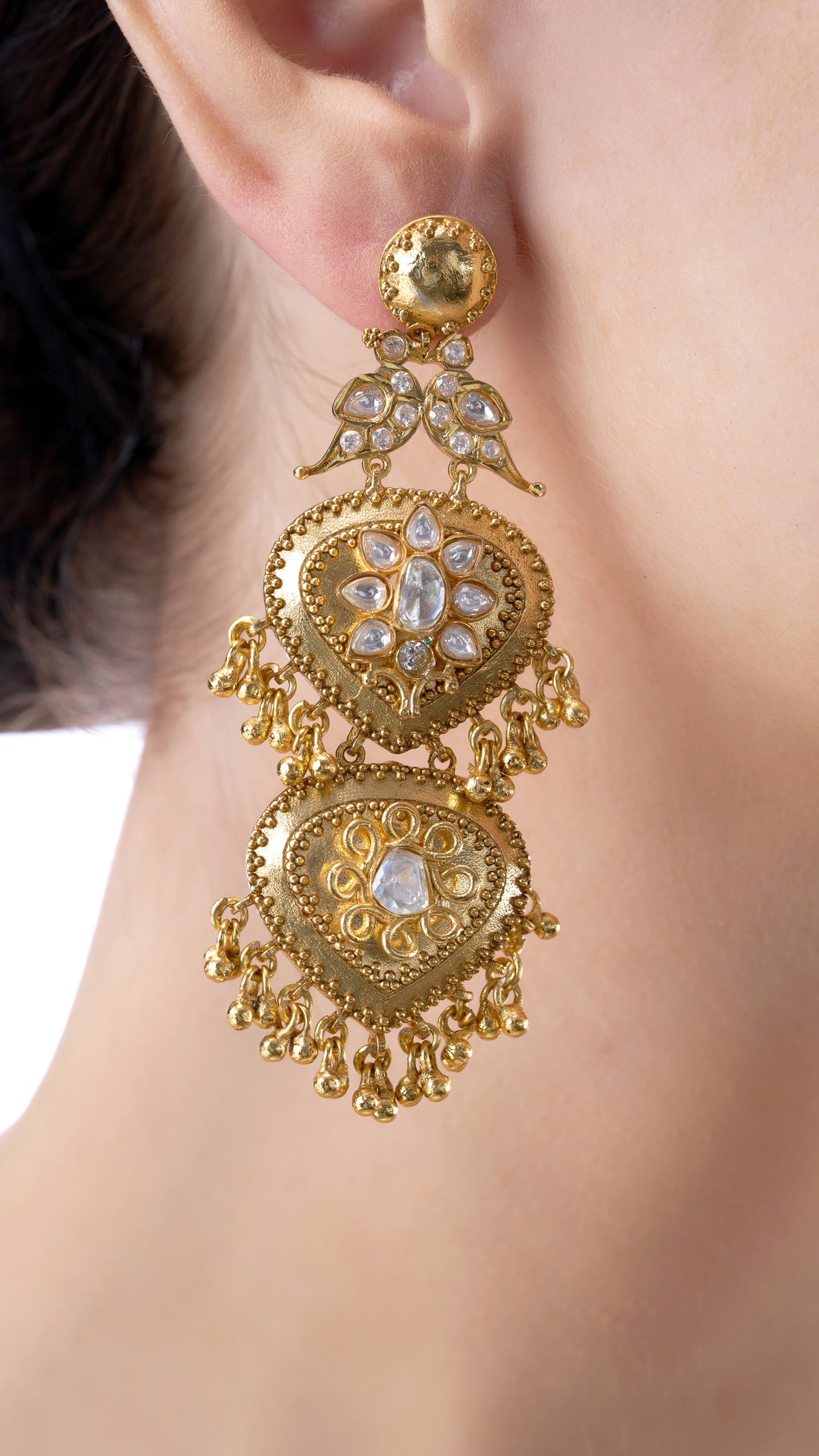 SAVITRI DOUBLE LEAF PEACOCK EARRINGS IN WHITE SEMI PRECIOUS STONE & KUNDAN
