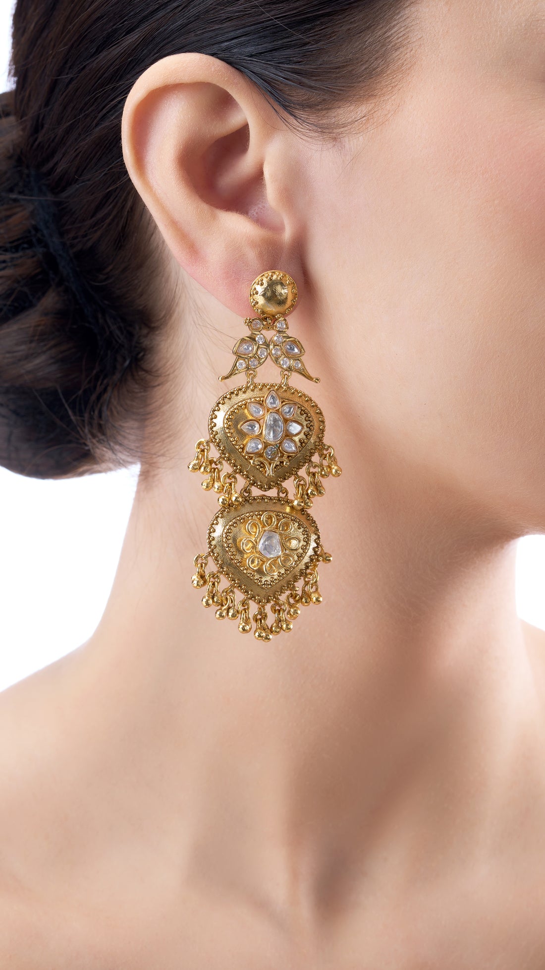 SAVITRI DOUBLE LEAF PEACOCK EARRINGS IN WHITE SEMI PRECIOUS STONE & KUNDAN