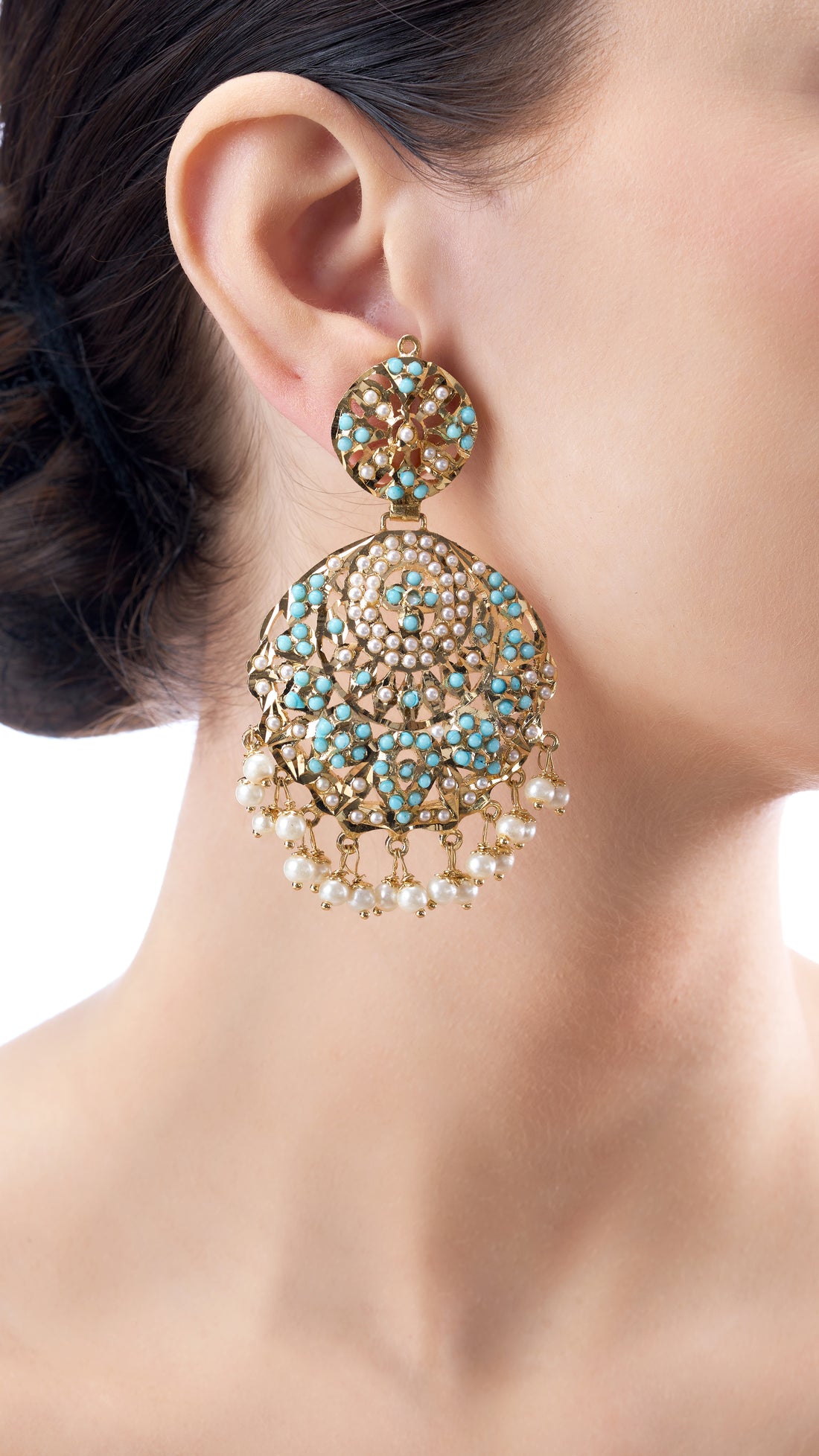 MANJARI JADAU GOLD FOIL CHANDBALI IN TURQUOISE AND PURE PEARLS