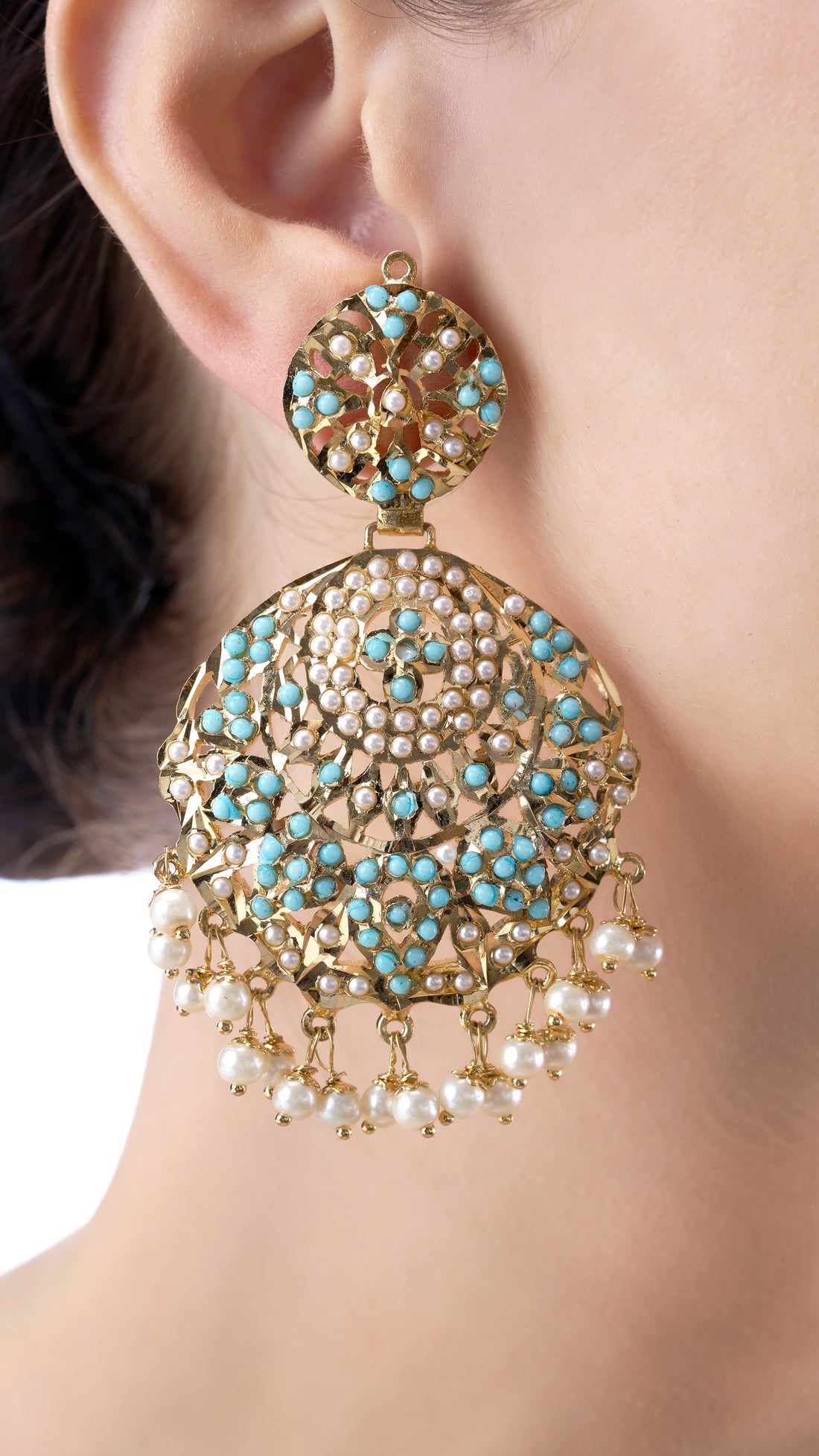 MANJARI JADAU GOLD FOIL CHANDBALI IN TURQUOISE AND PURE PEARLS