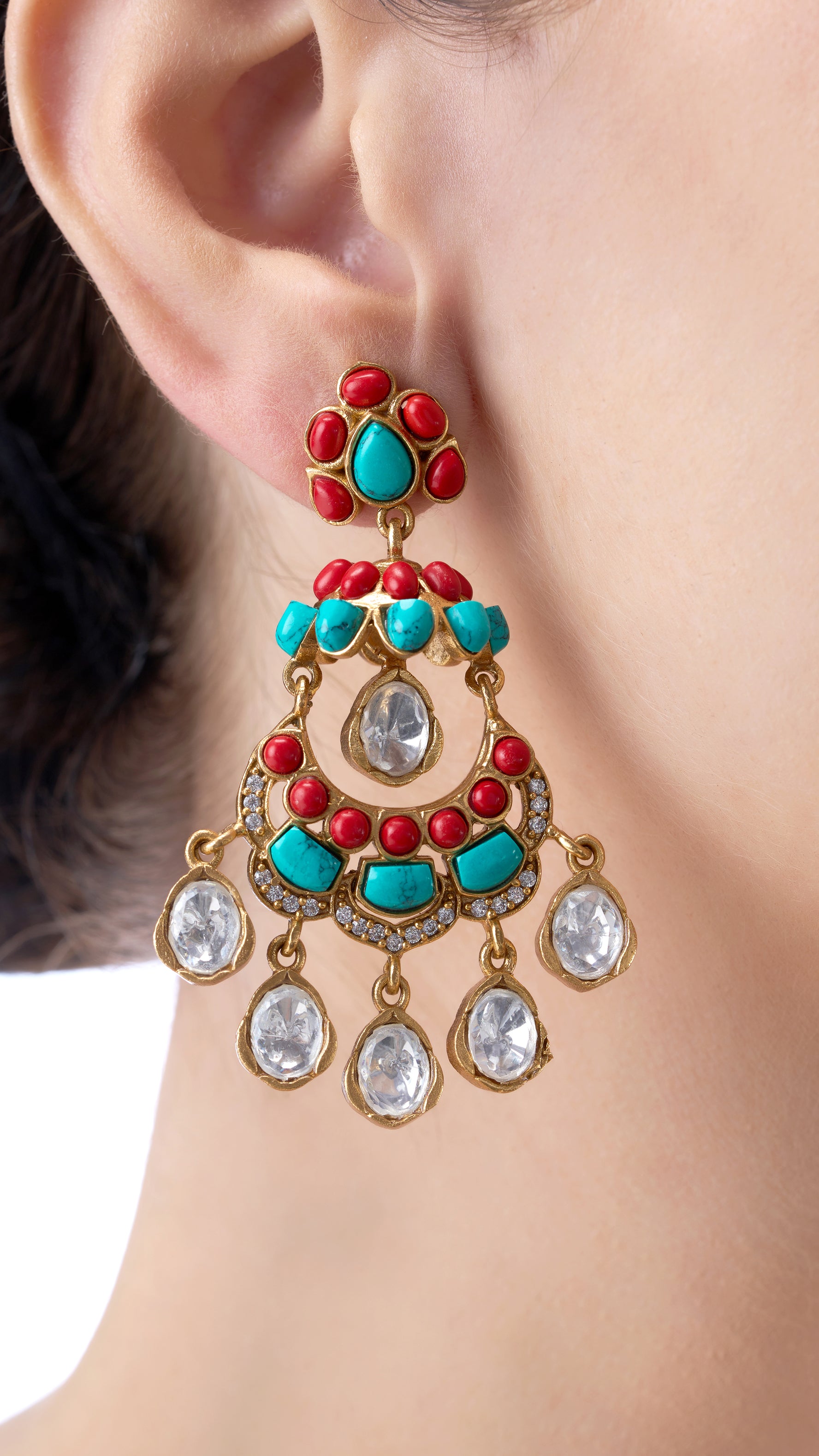 INDRANI CORAL AND FIROZA GOLD FOIL POLKI EARRINGS