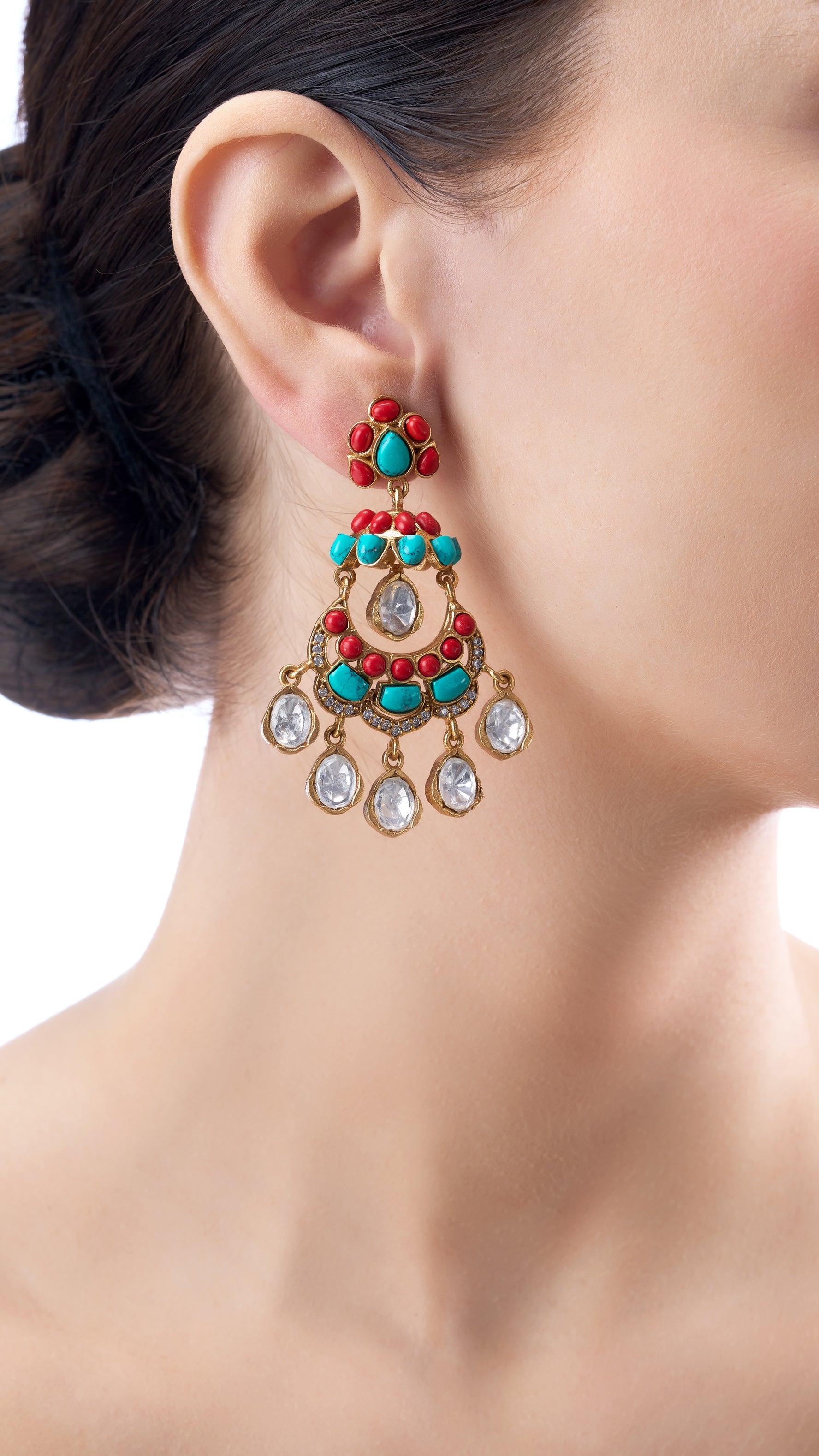 INDRANI CORAL AND FIROZA GOLD FOIL POLKI EARRINGS