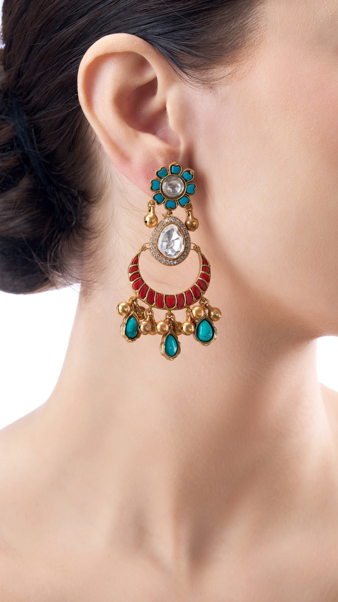 TANVIKA RUBY AND FIROZA HALF MOON GOLD FOIL POLKI EARRINGS