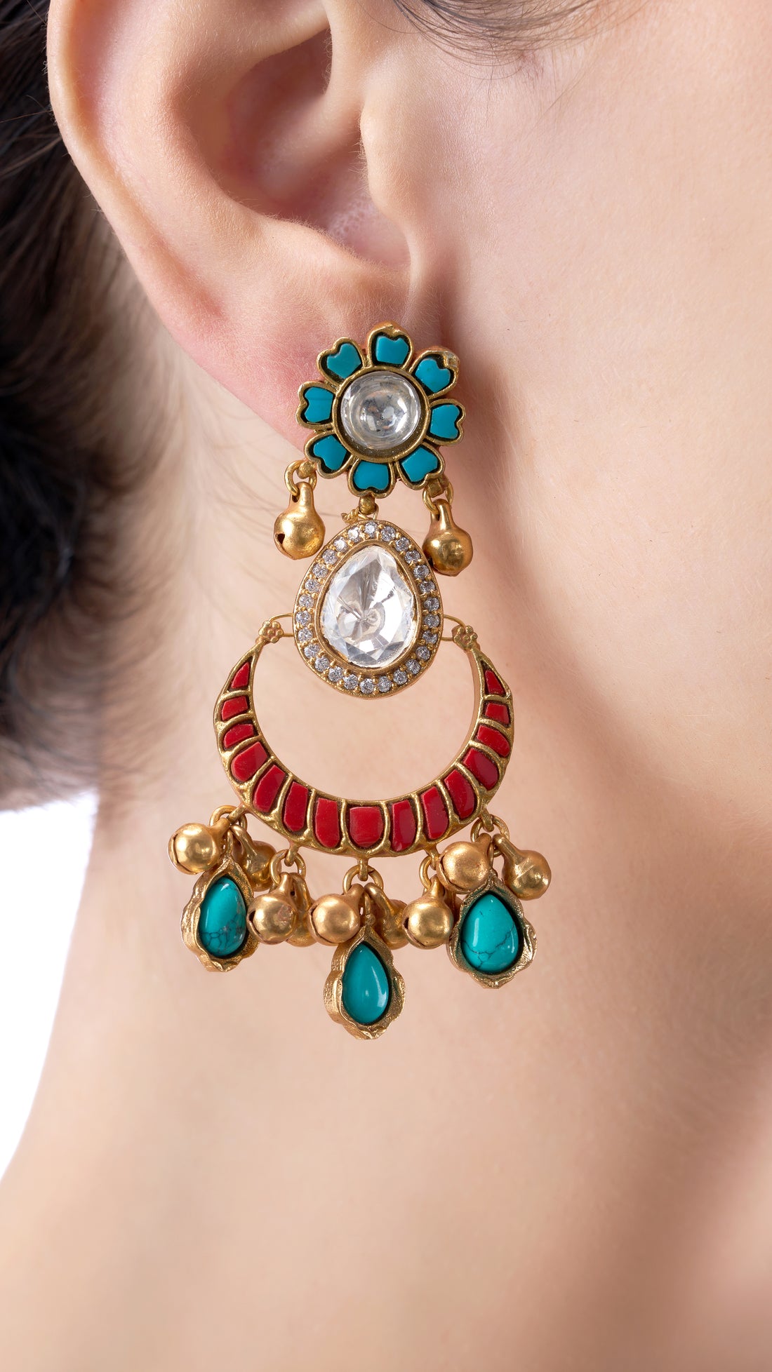 TANVIKA RUBY AND FIROZA HALF MOON GOLD FOIL POLKI EARRINGS