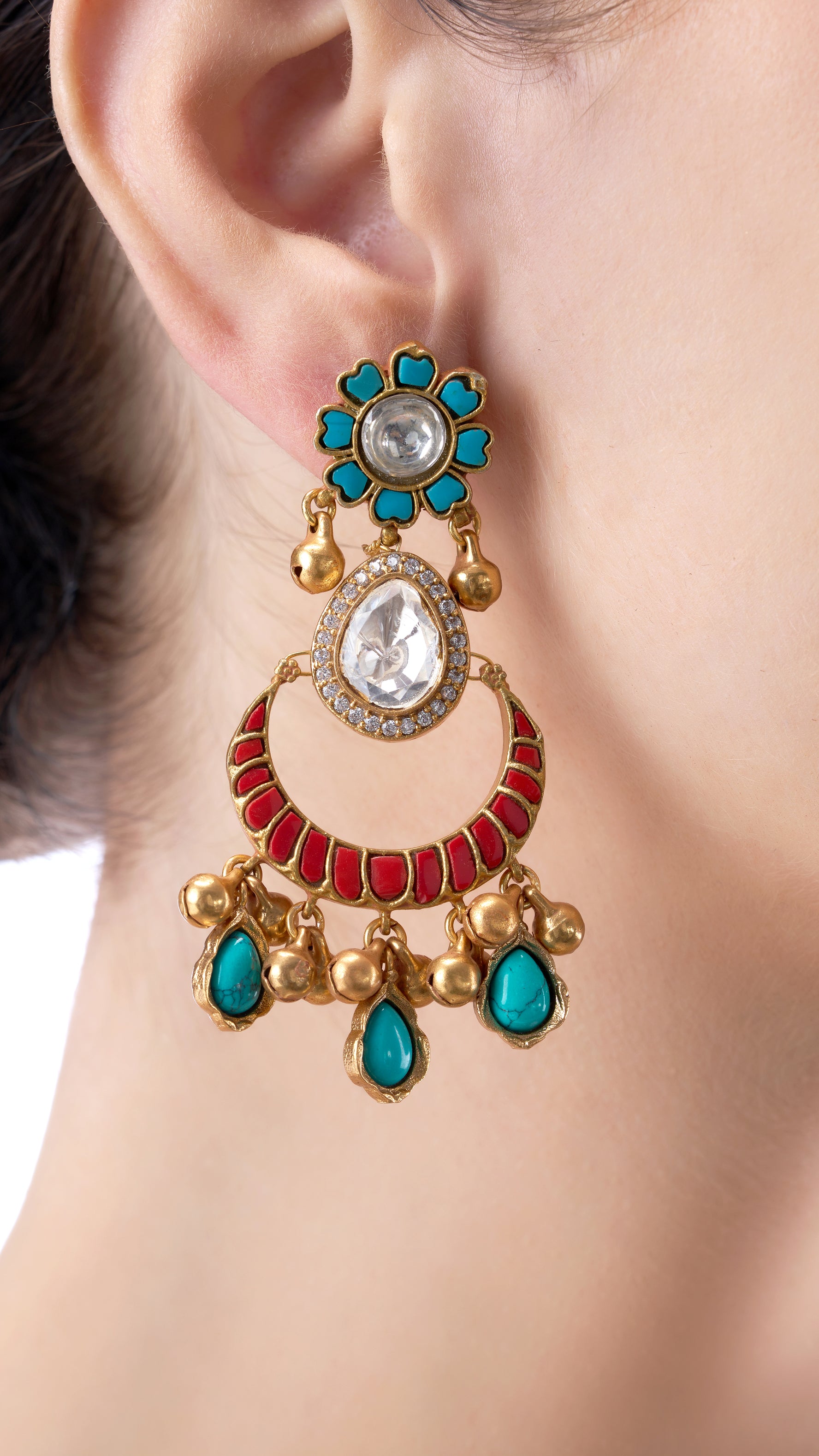 TANVIKA RUBY AND FIROZA HALF MOON GOLD FOIL POLKI EARRINGS
