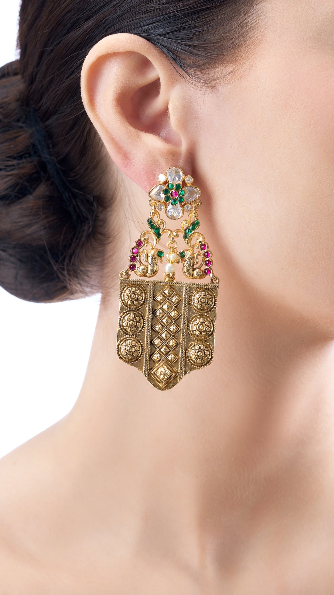 SUDARSHINI HAND FILIGREE PEACOCK GOLD FOIL EARRINGS WITH GREEN AND PINK SEMI PRECIOUS STONE