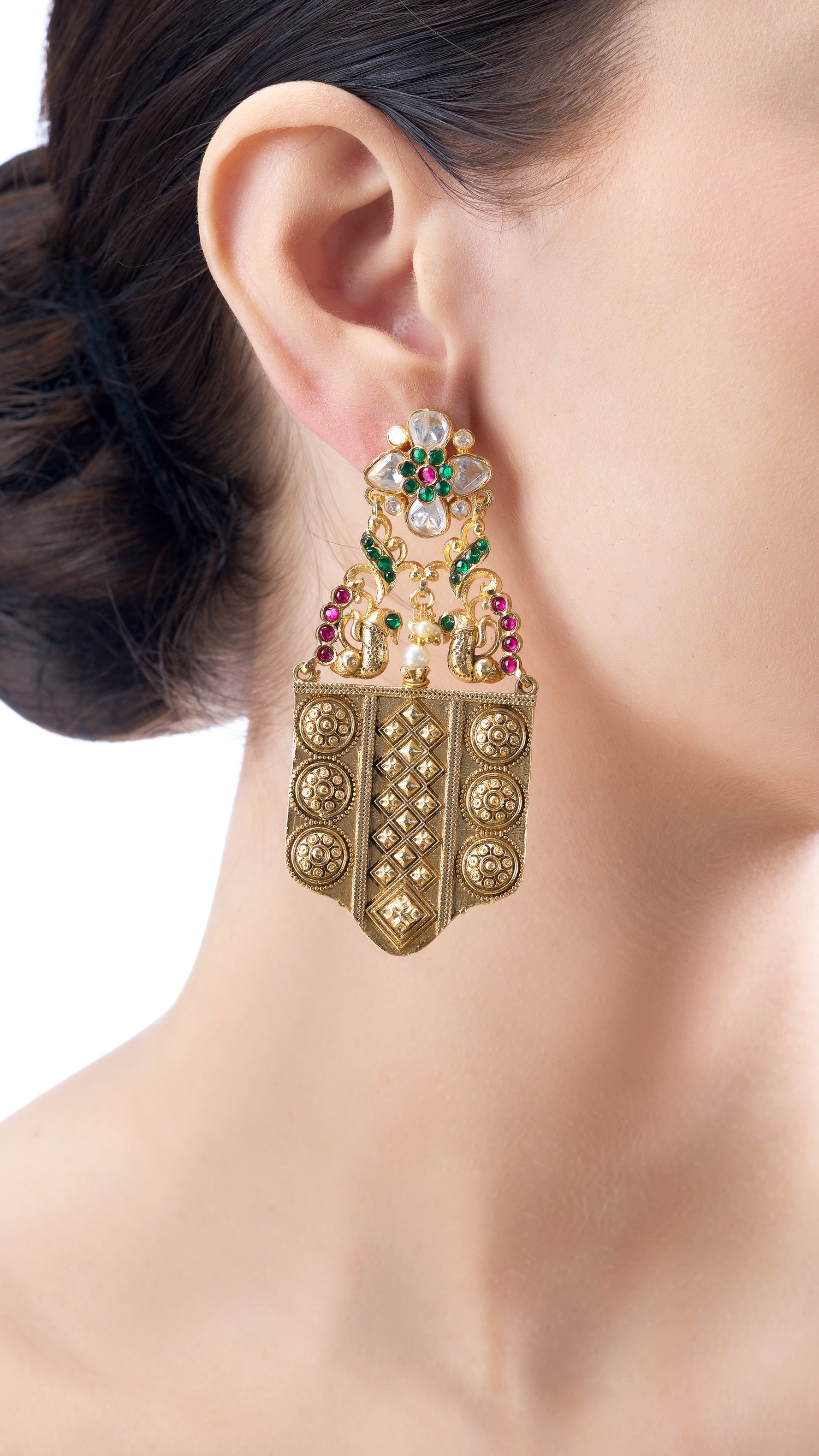 SUDARSHINI HAND FILIGREE PEACOCK GOLD FOIL EARRINGS WITH GREEN AND PINK SEMI PRECIOUS STONE