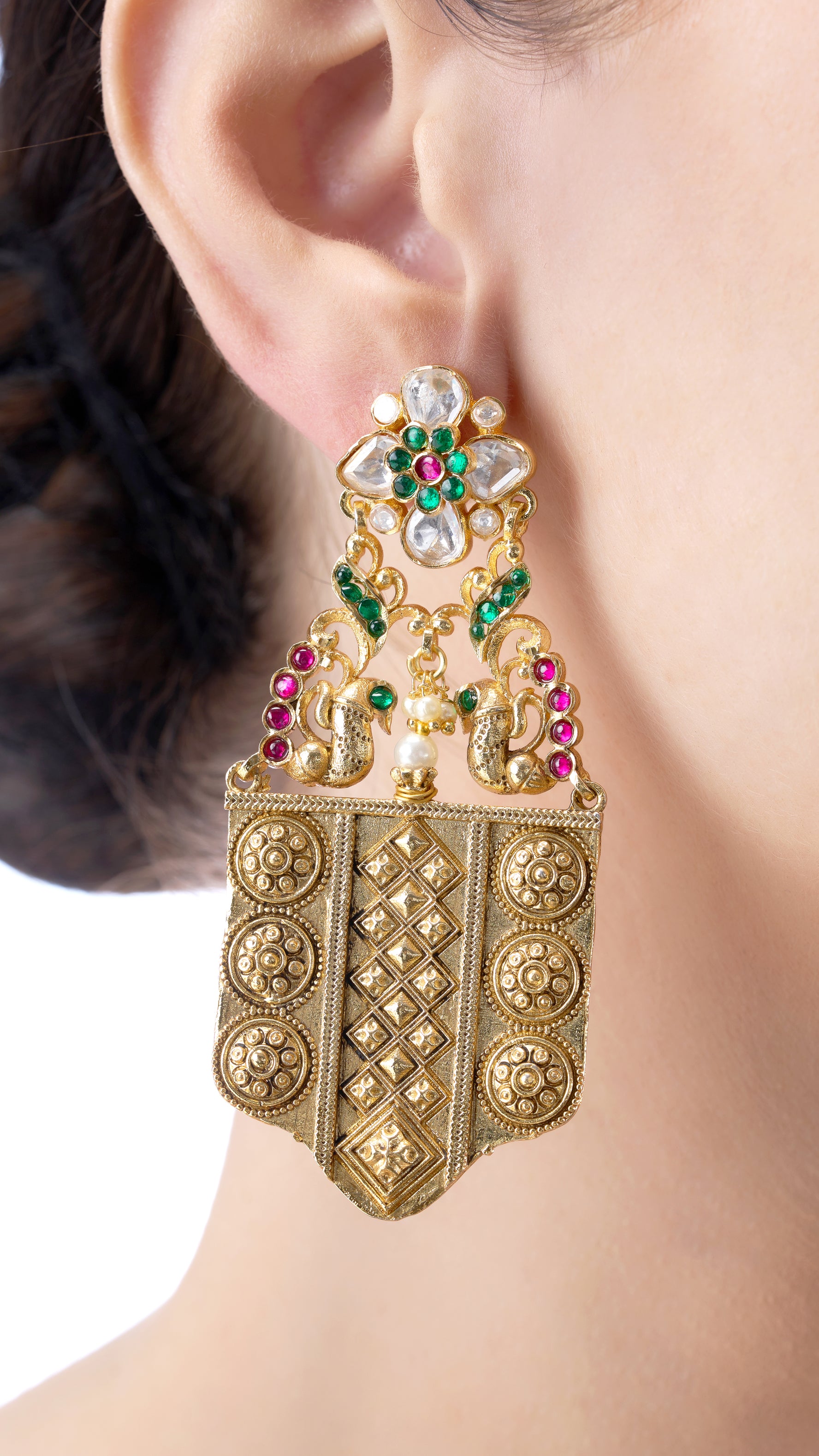 SUDARSHINI HAND FILIGREE PEACOCK GOLD FOIL EARRINGS WITH GREEN AND PINK SEMI PRECIOUS STONE