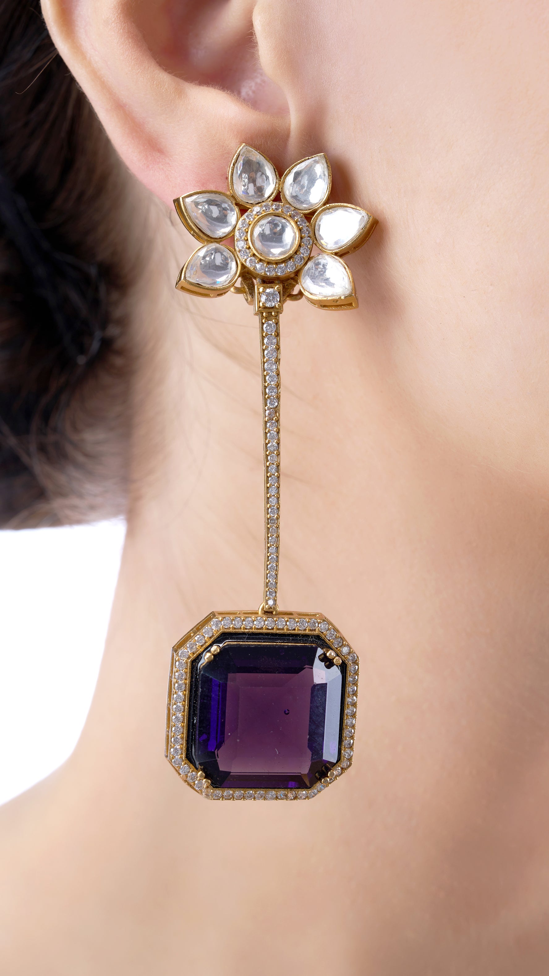 DHANIKA FLOWER POLKI SINGLE DROP SEMI PRECIOUS STONE EARRINGS IN PURPLE
