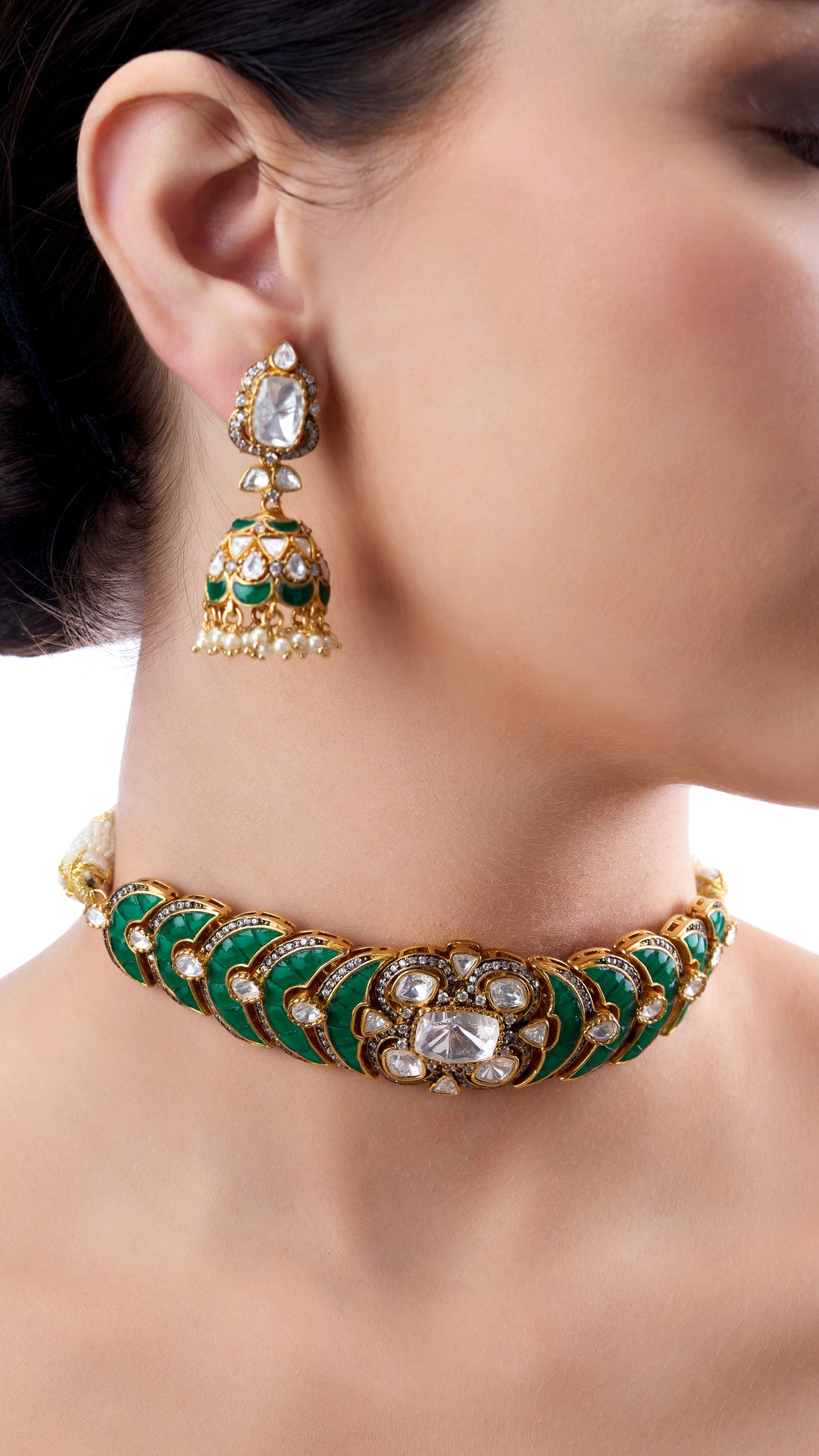 BRAHMI POLKI CHOKER NECKLACE SET IN GREEN AND SEMI PRECIOUS STONES