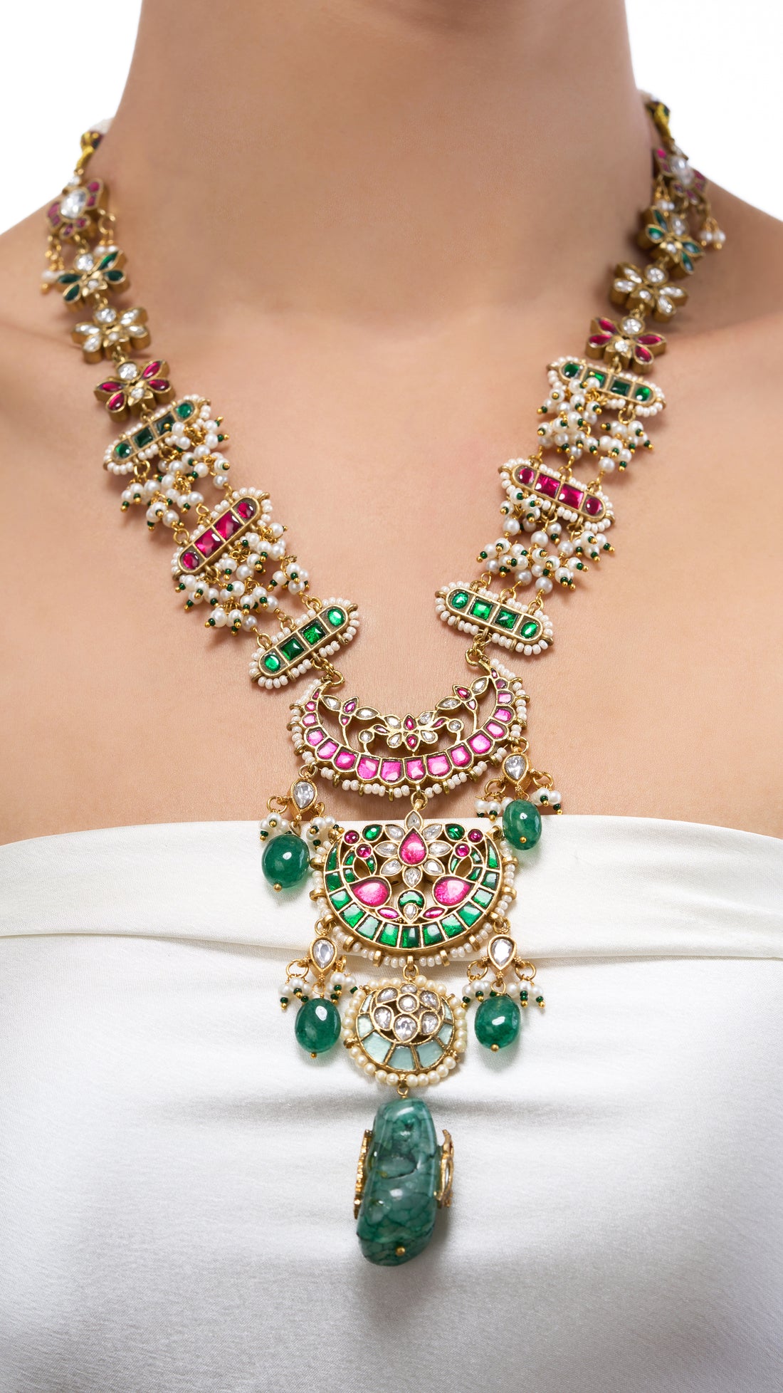 MADHURIMA HAND ENAMEL LONG NECKLACE WITH PURE PEARLS & SEMI PRECIOUS STONES