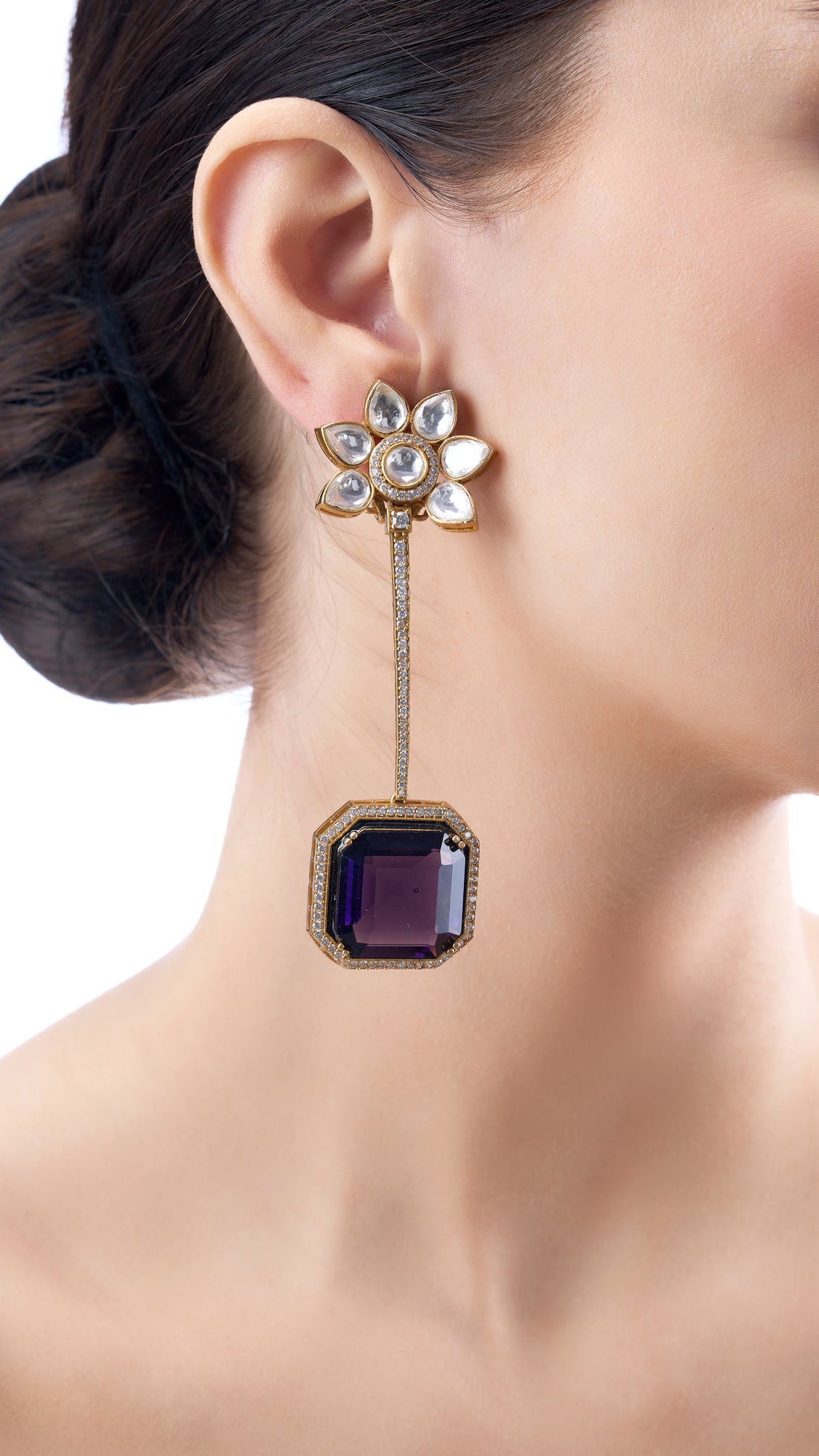 DHANIKA FLOWER POLKI SINGLE DROP SEMI PRECIOUS STONE EARRINGS IN PURPLE