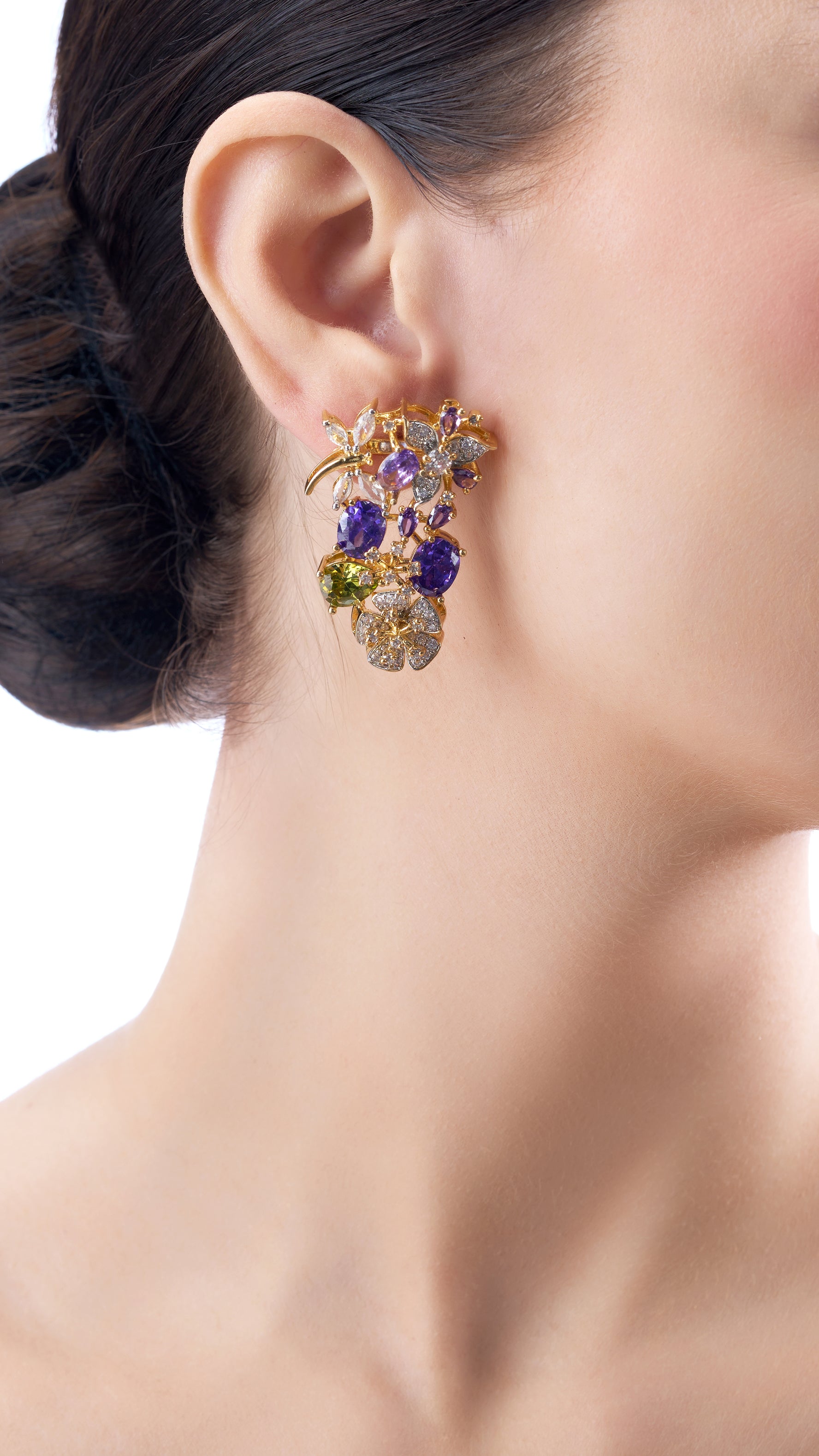 AARADHYA FLOWER SEMI PRECIOUS STONES WITH MOISSANITE EARRINGS IN BLUE & PURPLE
