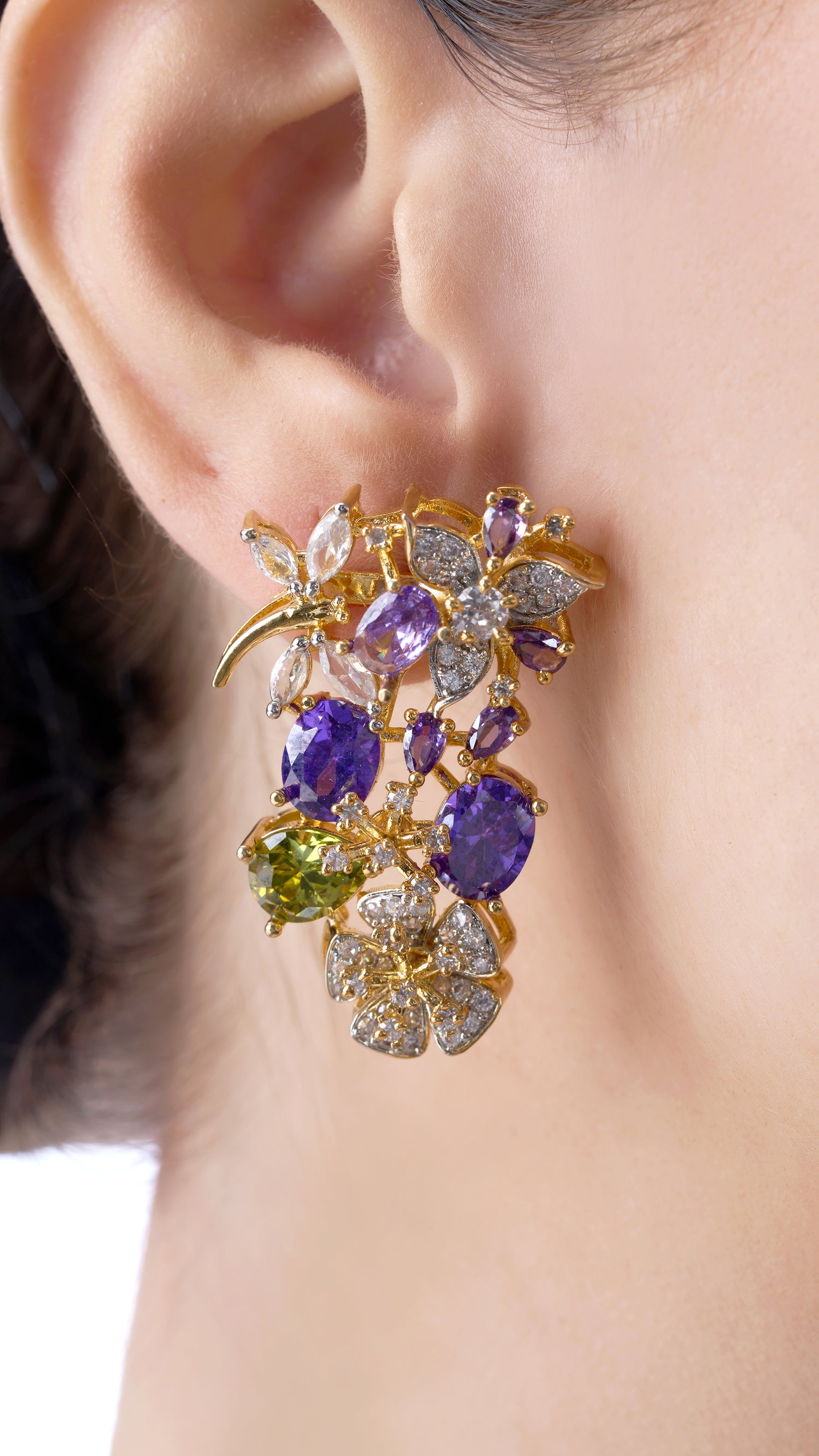 AARADHYA FLOWER SEMI PRECIOUS STONES WITH MOISSANITE EARRINGS IN BLUE & PURPLE