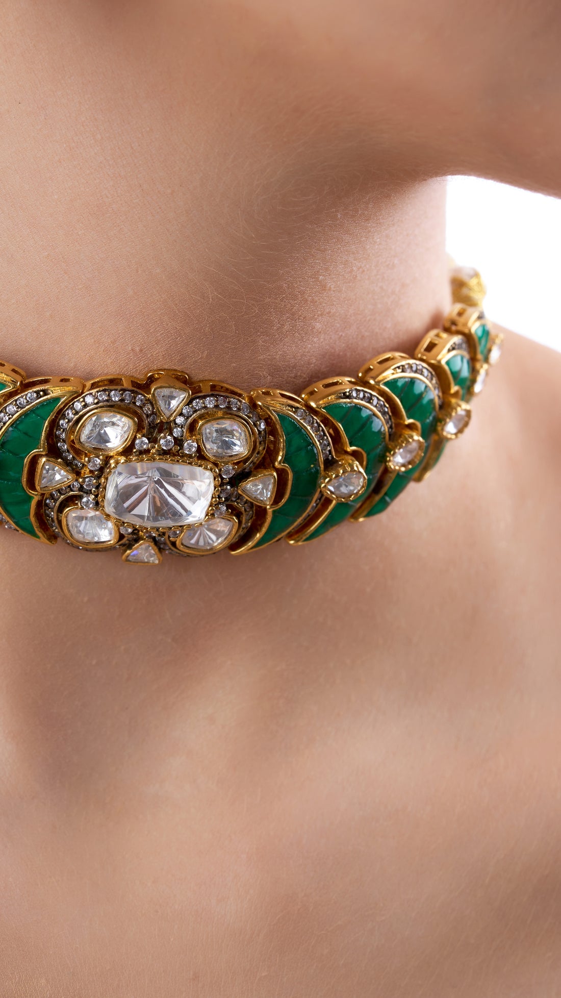 BRAHMI POLKI CHOKER NECKLACE SET IN GREEN AND SEMI PRECIOUS STONES