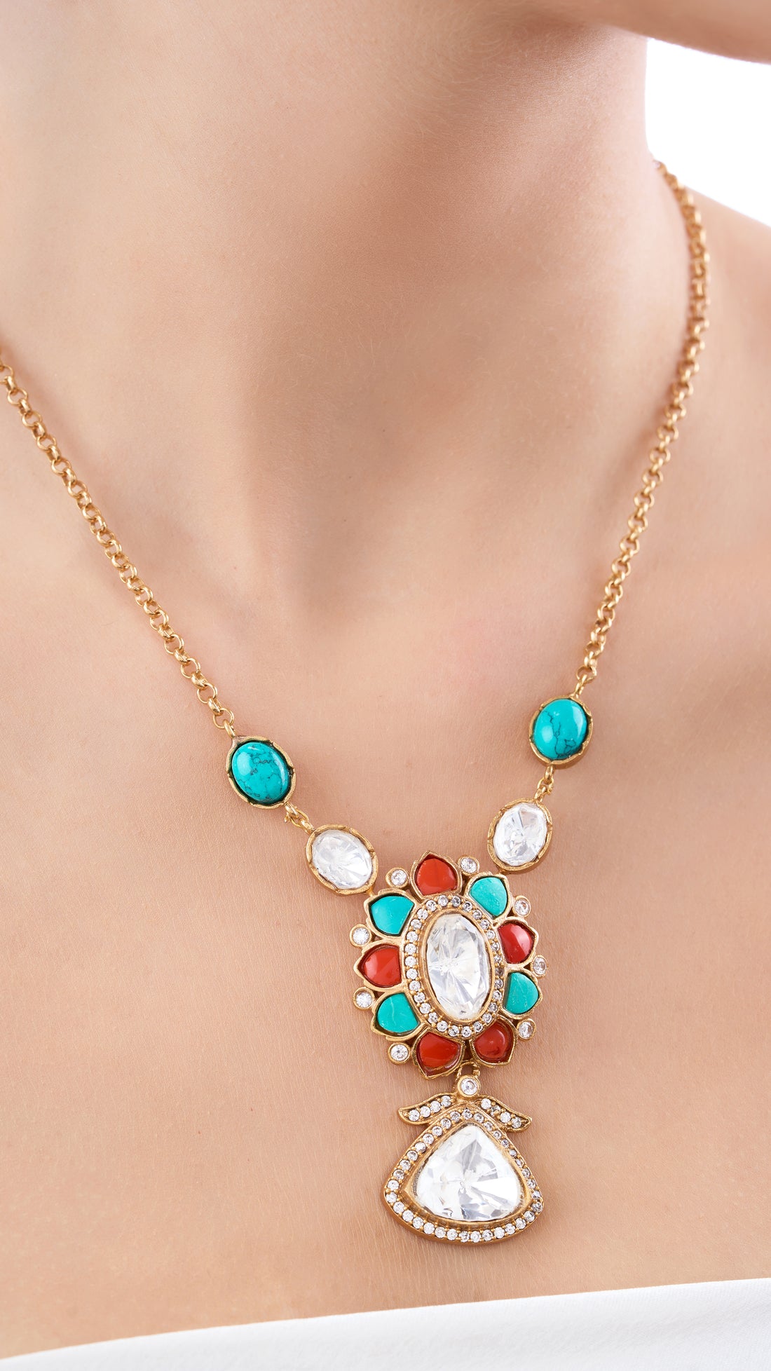 NARMADA POLKI NECKLACE SET WITH SEMI PRECIOUS STONES IN TURQUOISE AND RED