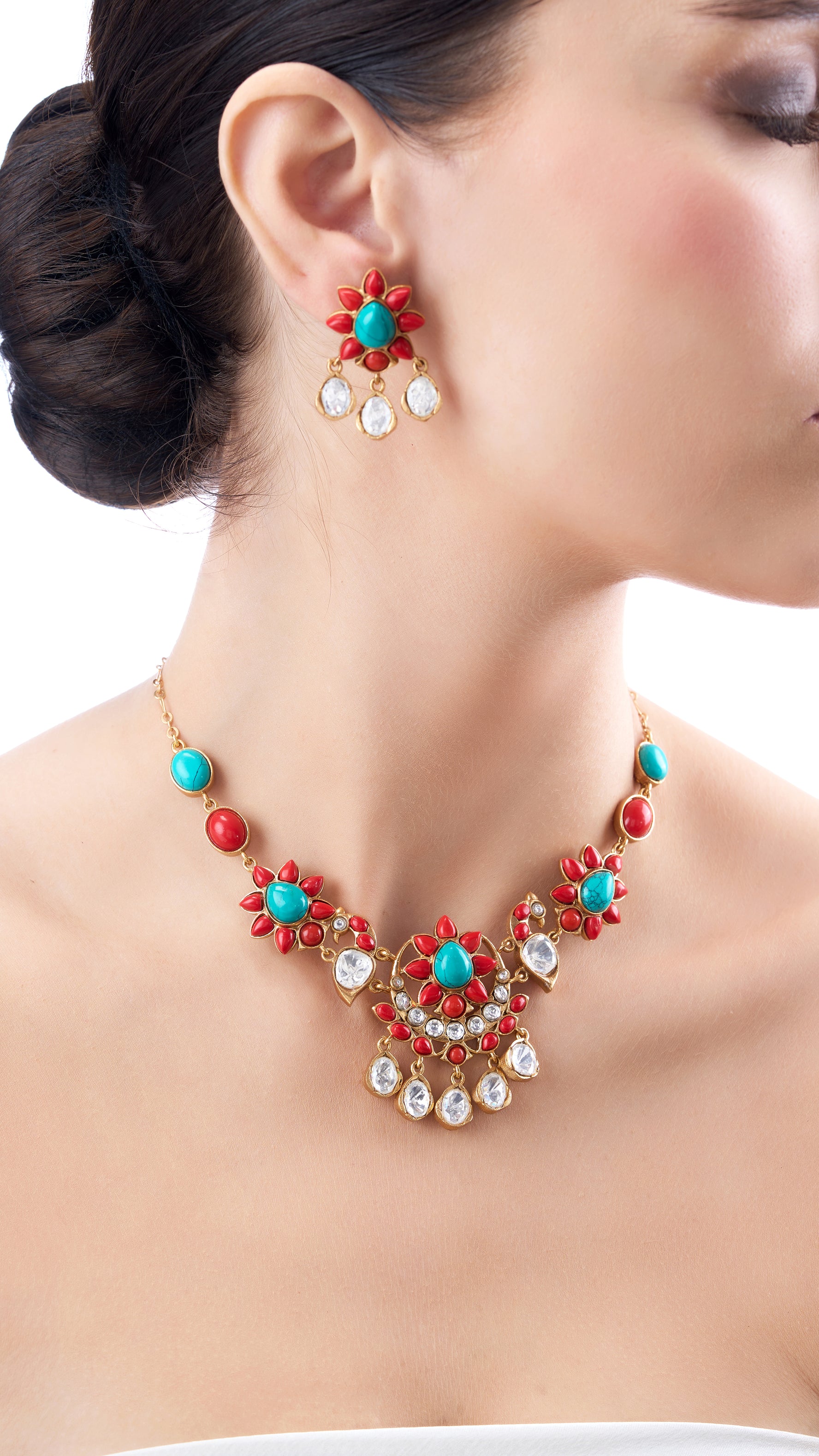 AVNI POLKI CHANDBALI SET WITH SEMIPRECIOUS STONES IN TURQUOISE AND CORAL