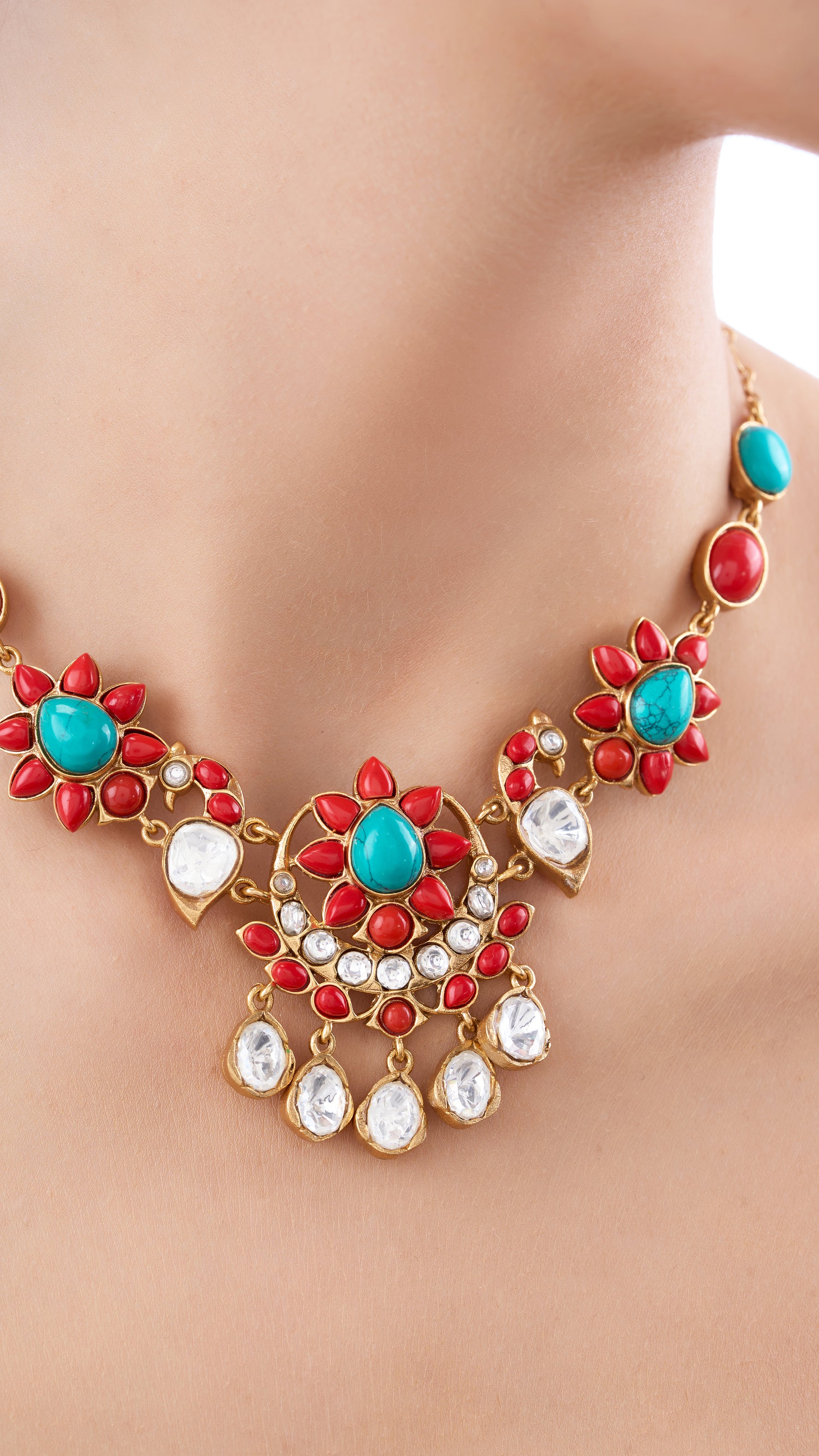 AVNI POLKI CHANDBALI SET WITH SEMIPRECIOUS STONES IN TURQUOISE AND CORAL