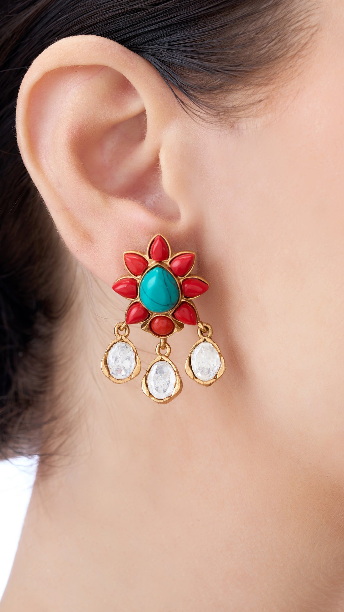 AVNI POLKI CHANDBALI SET WITH SEMIPRECIOUS STONES IN TURQUOISE AND CORAL