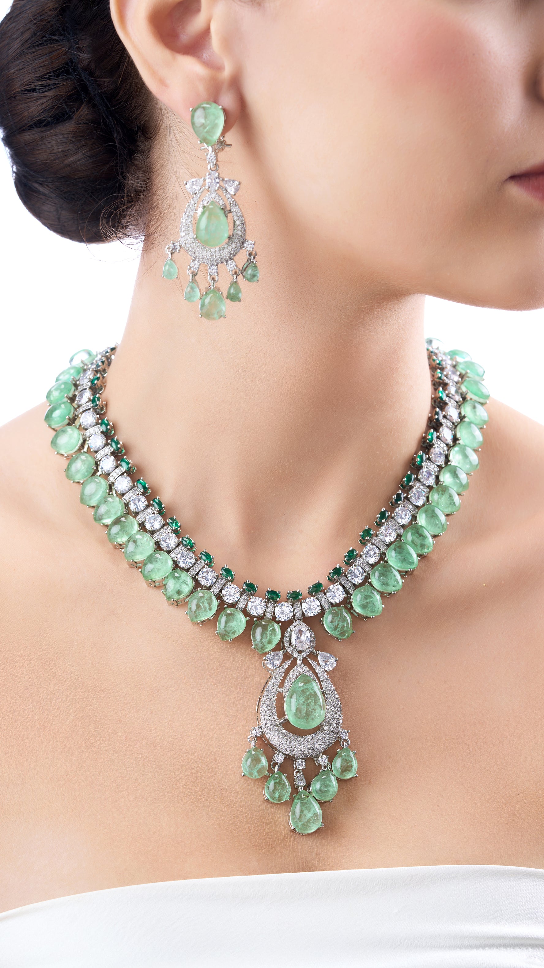 CHITRANI DOUBLE LAYER NECKLACE SET WITH MOSSAINITE AND SEMI PRECIOUS STONES IN AQUA