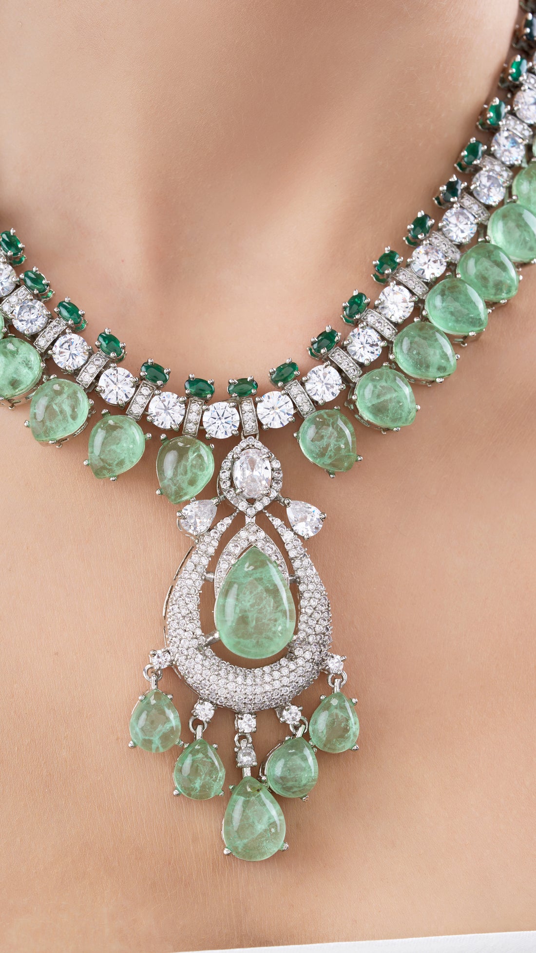 CHITRANI DOUBLE LAYER NECKLACE SET WITH MOSSAINITE AND SEMI PRECIOUS STONES IN AQUA